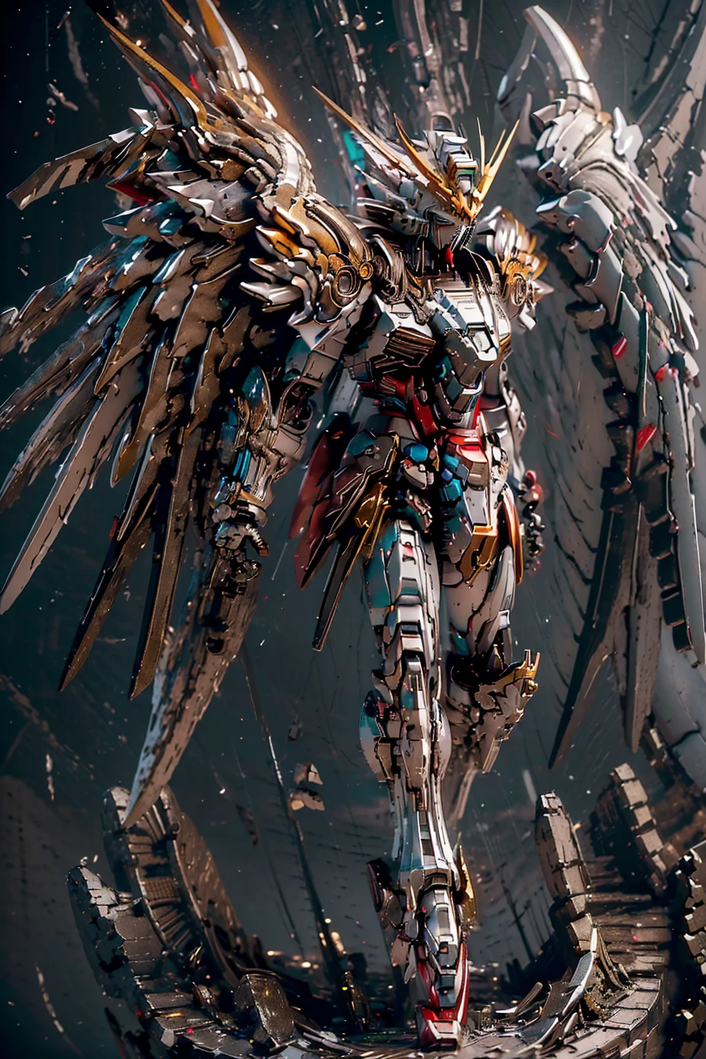 (( Masterpiece  ,  top quality,  Max Image,  high definition ,  photorealistic with excess fat visible,  RAW photos , 8k)), (( Highly Detailed CG Unified 8K Wallpaper )),  Wing Gundam Zero,  they spread their wings and soar above an abandoned city,black and gold coloring,