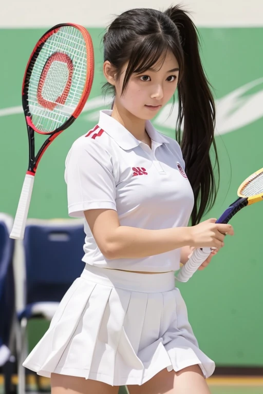 (RAW image quality:1.4), official art, Unity 8K 壁紙, Super detailed, masterpiece, highest quality, 1 female, (very detailed),(RAW photo、highest quality)、(realistic、Photoreal:1.3)、high detail、顔のvery detailed複雑な 3D レンダリング、(very detailed肌:1.2)、dynamic angle, mysterious look, fire glow effect,  professional lighting, side light, cinematic light, 超A high resolution, 8k , film grain,best shadow, particles of light, Fine skin texture, detailed face, intricate details, Super detailed, light shines, powerful scam, Please think back、whole body, Tennis court、beautiful face、blurred background、18 year old beautiful girl、shiny skin、ponytail、Beautiful hair of black color、gray eyes、Tie your hair with a big red ribbon、(Thin Tennis Wear、Holding a racket、dynamic pose:1.3)、raise your arms、smile with open mouth、curve、dynamic pose、white panties、