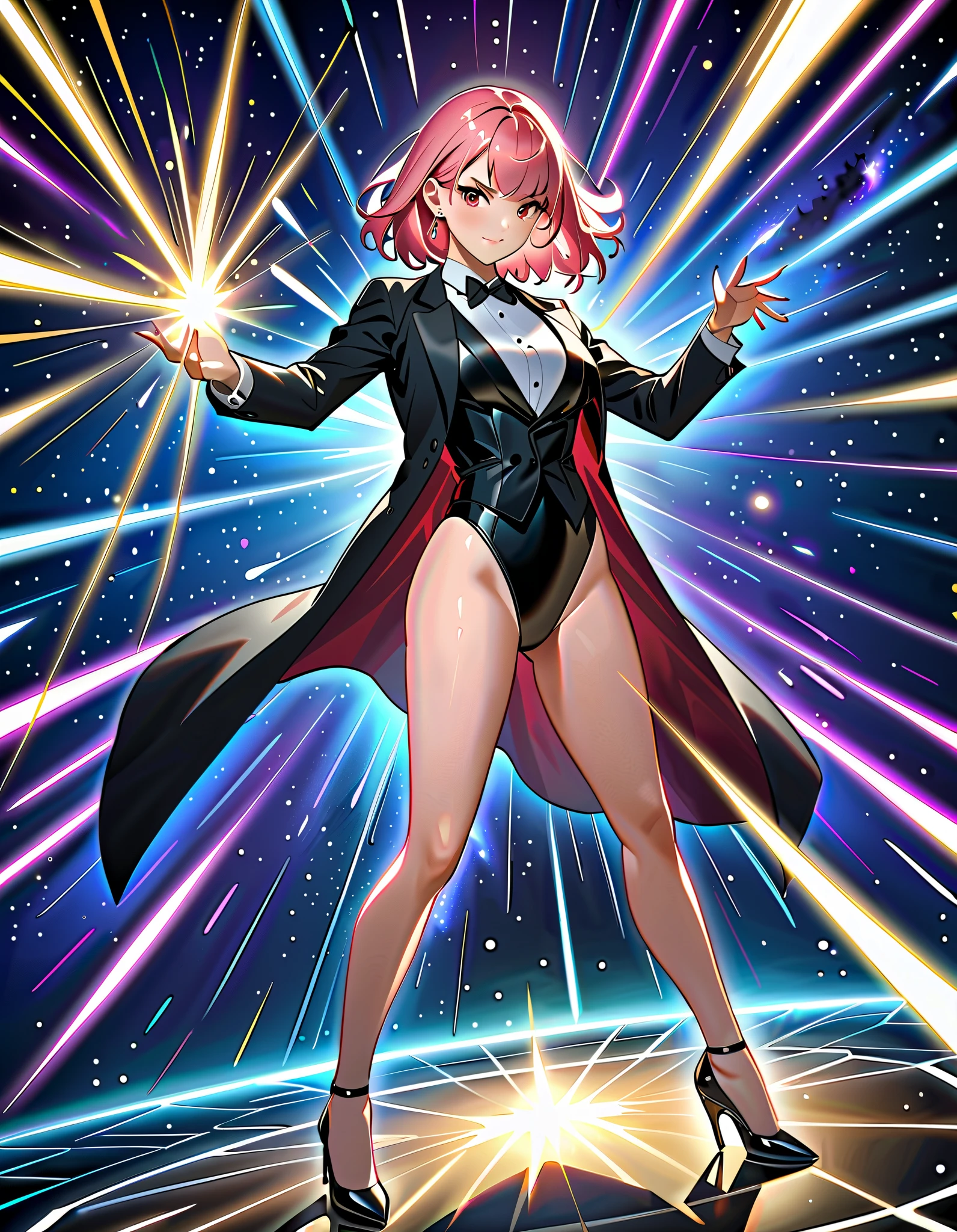 Masterpiece, best quality, high resolution, 8k, 1female, pink hair, medium hair, bangs, crystal earrings, red eyes, black suit jacket, site collared shirt, black vest, high leg, black leotard, bare legs, black high heels, tuxedo, magician, casting a spell, standing battle stance, spellcasting, magic, space backdrop, diffraction spikes, light particles, Dutch angle.