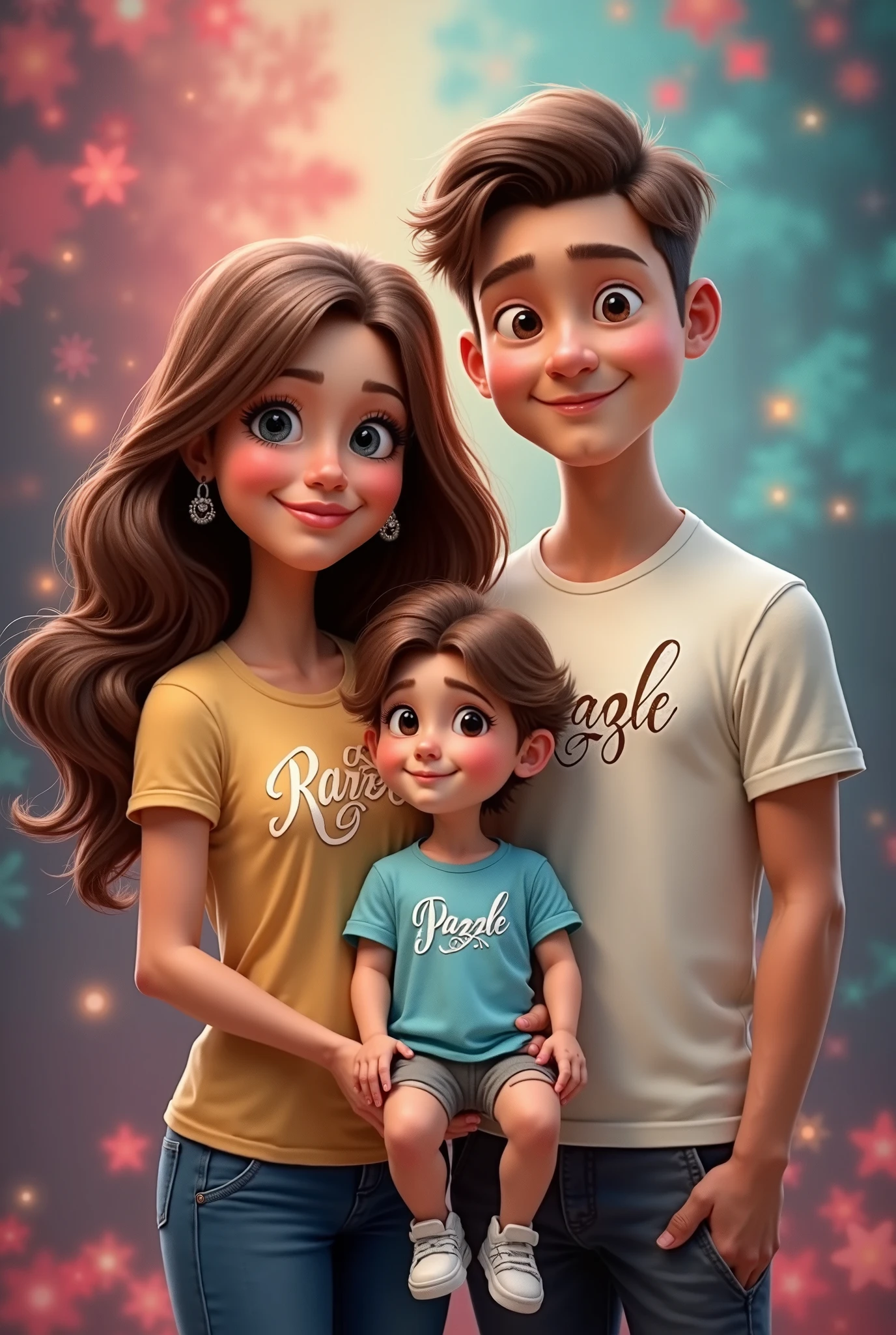 create a disney pixar inspired imagine of a 19 year old boy with short brown hair, a brown beard and dark brown eyes kissing a 17 year old girl with long curly hair and dark brown eyes on the cheek. both people should look as though they are in a pixar film.