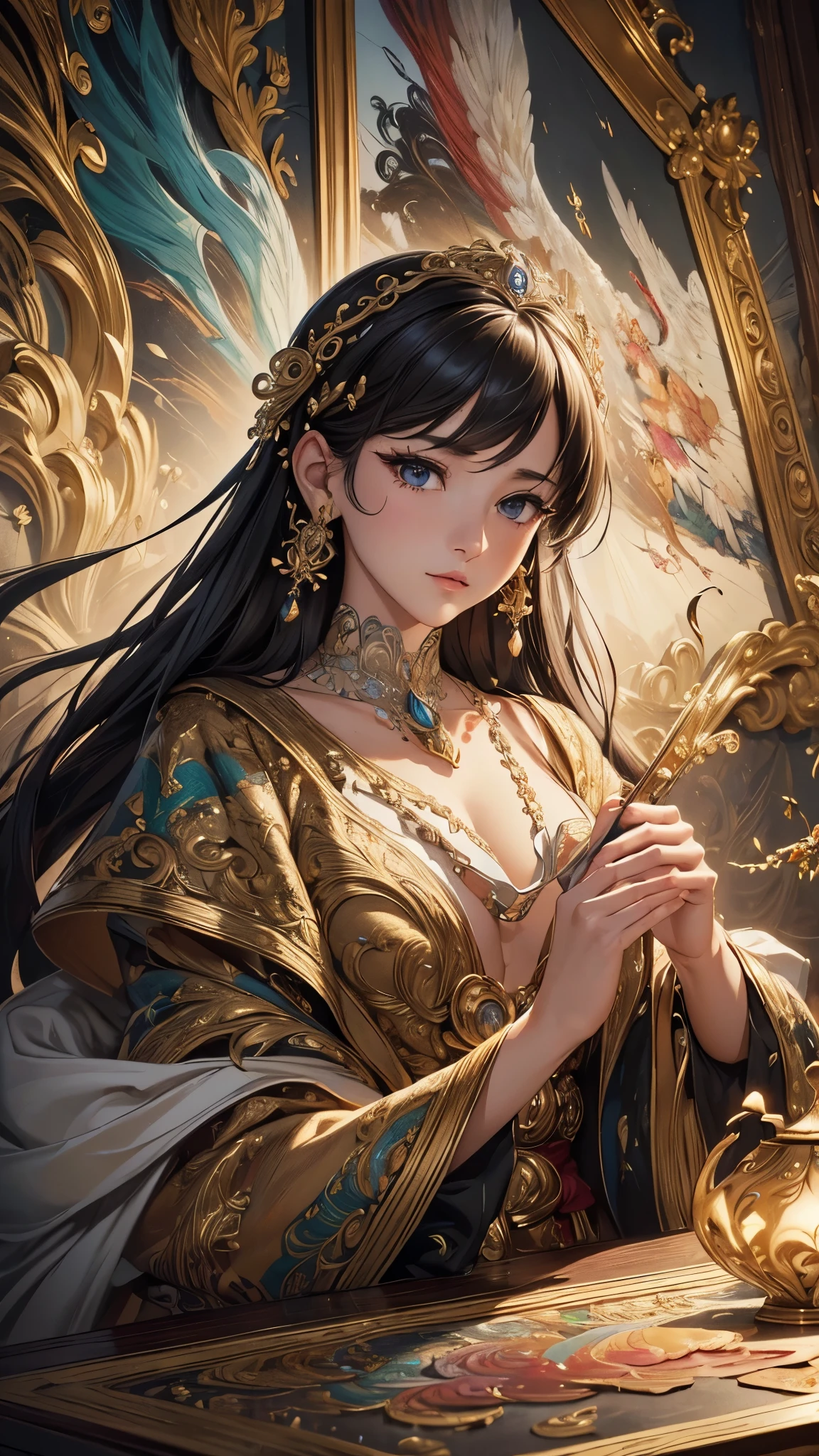 PerfectNwsjMajic,(masterpiece, top quality, best quality, official art, beautiful and aesthetic:1.2), (1girl), extreme detailed,colorful,highest detailed, official art, unity 8k wallpaper, ultra detailed, beautiful and aesthetic, beautiful, masterpiece, best quality, (zentangle, mandala, tangle, entangle) ,holy light,gold foil,gold leaf art,glitter drawing, are shoulders, barefoot, bare back, shiny skin, shiny hair, closeup, chest, neck, shoulders, full head, perfect eyes, perfect iris