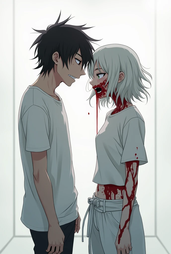 Dibuja a una chica zombie de pelo largo color negro,Brown eyes,playera de tirantes blanca con un poco de sangre, brown pants but quite torn and he is with a white-haired survivor boy, camisa blanca pero bastante rota , brown pants but quite torn and he is half fond of the zombie girl