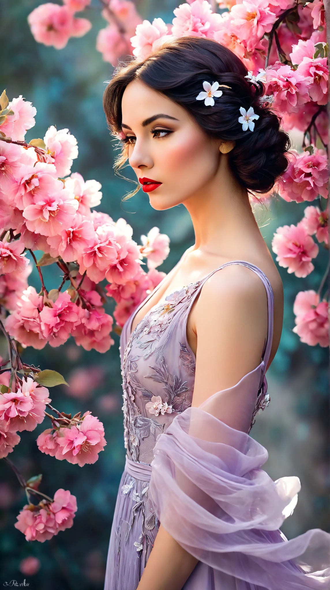 In a whimsical floral backdrop, a graceful European woman from the 1920s stands in elegant poise, embodying a dreamlike essence. Her delicate features glow softly, illuminated by the ethereal light filtering through lush, pastel blossoms. Dark waves of hair cascade gently around her shoulders, framing her serene expression.

She wears a flowing gown of pink and lavender silk that billows delicately, enhancing her tranquil presence. Her striking red lips provide a vivid contrast, infusing life into the soft, monochromatic hues of the scene.

The artwork is reminiscent of an enchanting ink painting, where fluid brush strokes and intricate line work convey a sense of nostalgia and magic. Soft shades of ink merge seamlessly, while the background bursts with an array of pastel flowers, evoking a breathtaking, dreamlike atmosphere. This composition radiates tranquility and romance, inviting viewers into a timeless moment that feels both captivating and ephemeral.