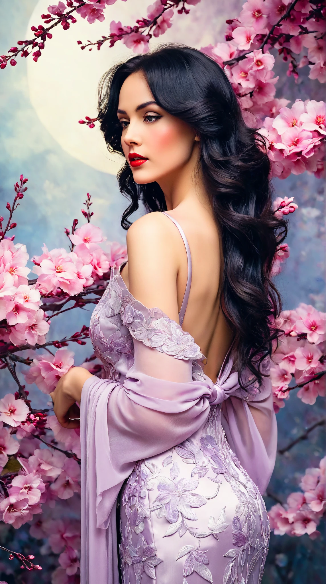 In a whimsical floral backdrop, a graceful European woman from the 1920s stands in elegant poise, embodying a dreamlike essence. Her delicate features glow softly, illuminated by the ethereal light filtering through lush, pastel blossoms. Dark waves of hair cascade gently around her shoulders, framing her serene expression.

She wears a flowing gown of pink and lavender silk that billows delicately, enhancing her tranquil presence. Her striking red lips provide a vivid contrast, infusing life into the soft, monochromatic hues of the scene.

The artwork is reminiscent of an enchanting ink painting, where fluid brush strokes and intricate line work convey a sense of nostalgia and magic. Soft shades of ink merge seamlessly, while the background bursts with an array of pastel flowers, evoking a breathtaking, dreamlike atmosphere. This composition radiates tranquility and romance, inviting viewers into a timeless moment that feels both captivating and ephemeral.