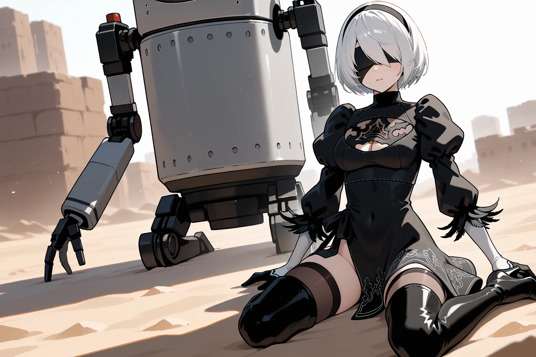 Score_9, score_8_up, score_7_up, source_semi-real, rating_safe;; Nier Automata 2B, fighting robot machine_lifeform in a desert pit;; 2BNAXL, blindfold, black blindfold, black hairband, white hair, short hair, medium breasts, clothing cutout, cleavege cutout, black dress, puffy sleeves, feather-trimmed sleeves, black gloves, leotard, skirt, black thighhighs, thigh boots, black high heels