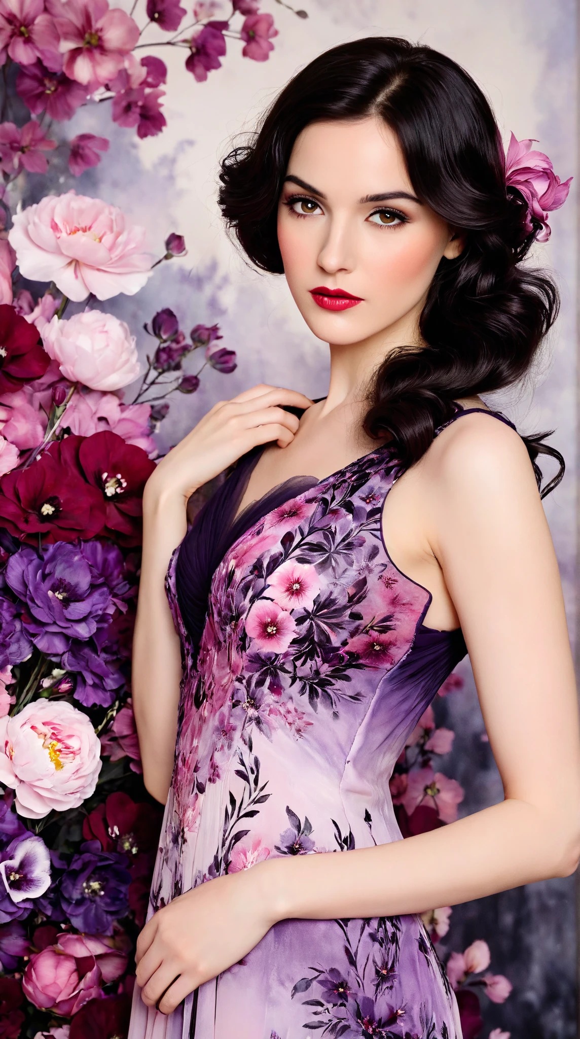 In a whimsical floral backdrop, a graceful European woman from the 1920s stands elegantly. Her delicate features are softly illuminated, framed by gentle waves of dark hair. She wears a flowing pink and purple dress that billows lightly, enhancing her serene presence. Her lips are a striking red, adding a touch of vibrancy to the soft monochrome palette of the scene.

The artwork resembles a black and white ink painting, with fluid brush strokes and delicate line work that evoke a sense of nostalgia. Subtle tones of ink blend seamlessly, while the background bursts with pastel flowers, creating a dreamlike atmosphere. The entire composition radiates tranquility and romance, inviting the viewer into a moment frozen in time.