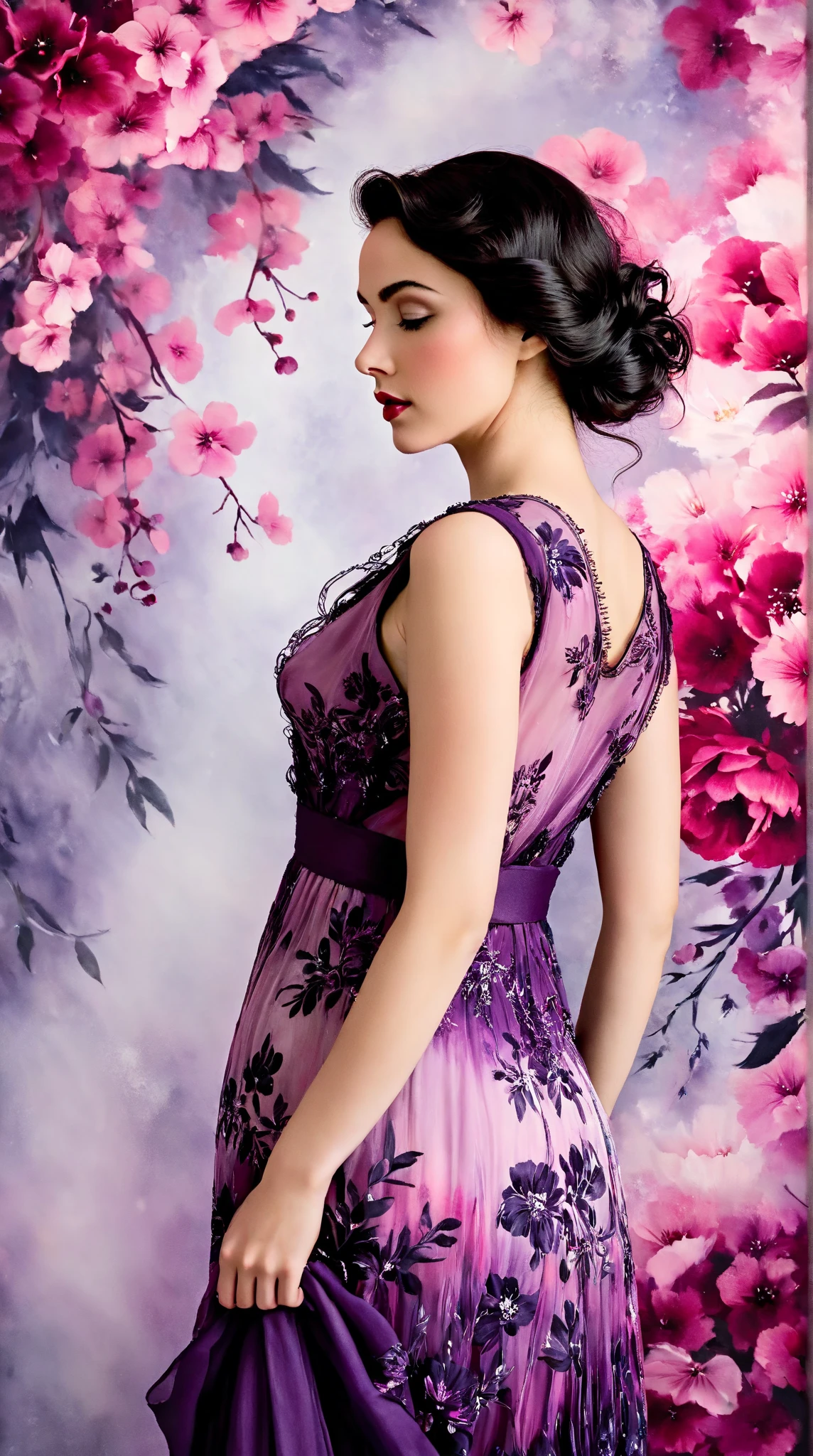 In a whimsical floral backdrop, a graceful European woman from the 1920s stands elegantly. Her delicate features are softly illuminated, framed by gentle waves of dark hair. She wears a flowing pink and purple dress that billows lightly, enhancing her serene presence. Her lips are a striking red, adding a touch of vibrancy to the soft monochrome palette of the scene.

The artwork resembles a black and white ink painting, with fluid brush strokes and delicate line work that evoke a sense of nostalgia. Subtle tones of ink blend seamlessly, while the background bursts with pastel flowers, creating a dreamlike atmosphere. The entire composition radiates tranquility and romance, inviting the viewer into a moment frozen in time.