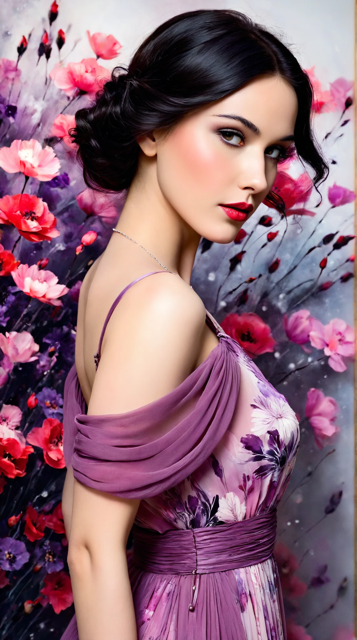 In a whimsical floral backdrop, a graceful European woman from the 1920s stands elegantly. Her delicate features are softly illuminated, framed by gentle waves of dark hair. She wears a flowing pink and purple dress that billows lightly, enhancing her serene presence. Her lips are a striking red, adding a touch of vibrancy to the soft monochrome palette of the scene.

The artwork resembles a black and white ink painting, with fluid brush strokes and delicate line work that evoke a sense of nostalgia. Subtle tones of ink blend seamlessly, while the background bursts with pastel flowers, creating a dreamlike atmosphere. The entire composition radiates tranquility and romance, inviting the viewer into a moment frozen in time.