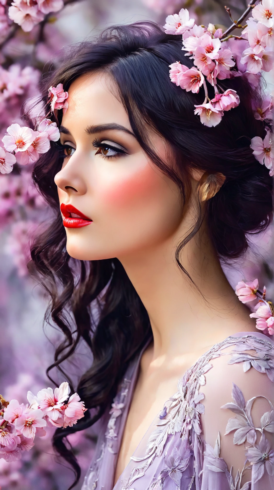 In a whimsical floral backdrop, a graceful European woman from the 1920s stands in elegant poise, embodying a dreamlike essence. Her delicate features glow softly, illuminated by the ethereal light filtering through lush, pastel blossoms. Dark waves of hair cascade gently around her shoulders, framing her serene expression.

She wears a flowing gown of pink and lavender silk that billows delicately, enhancing her tranquil presence. Her striking red lips provide a vivid contrast, infusing life into the soft, monochromatic hues of the scene.

The artwork is reminiscent of an enchanting ink painting, where fluid brush strokes and intricate line work convey a sense of nostalgia and magic. Soft shades of ink merge seamlessly, while the background bursts with an array of pastel flowers, evoking a breathtaking, dreamlike atmosphere. This composition radiates tranquility and romance, inviting viewers into a timeless moment that feels both captivating and ephemeral.