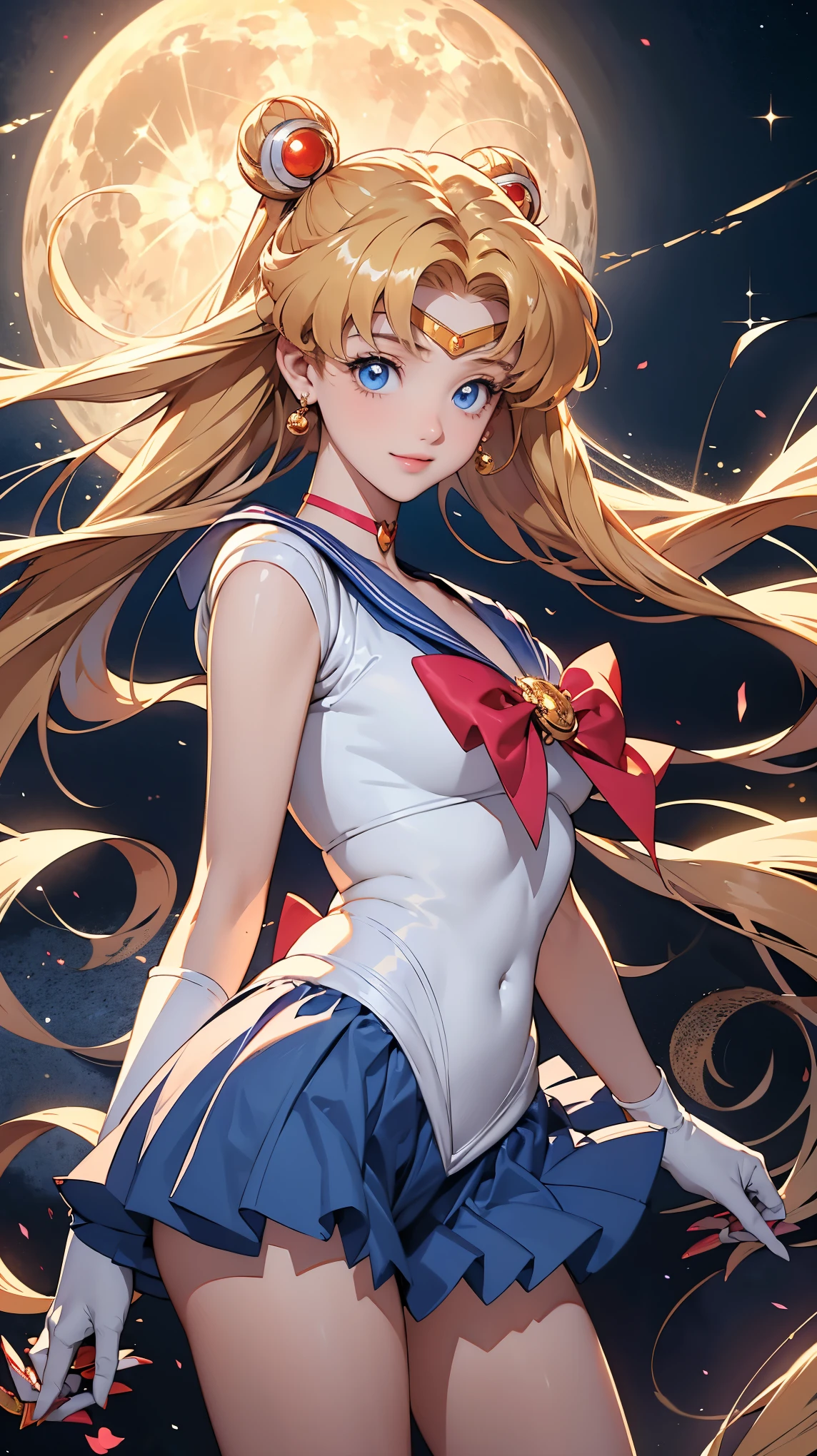 Sailor Moon, 1 girl, blue eyes, Long Golden Hair, sailor suit , Moon Headdress , Holding a Moon Stick ,Moon prism power、 The city and the full moon, Confident Smile .They are spinning with open arms、