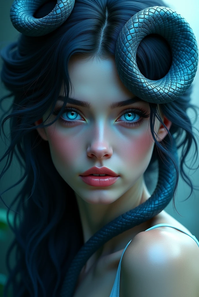 detailed lips, long wavy hair, serpents for hair, fierce expression, pale complexion, mesmerizing gaze, mythical creature, dark and mysterious background, vibrant colors, soft lighting, (hyperrealistic), (illustration), (high resolution), (8K), (extremely detailed), (best illustration), (beautiful detailed eyes), (best quality), (ultra-detailed), (masterpiece), (wallpaper), (photorealistic), (natural light), (detailed face), (high detailed realistic skin texture), (anatomically correct), (solo), (1 girl:1.51), (high detailed realistic hair), (caramel hair:1.35), (heterochromic eyes), (detailed eyes), (blue eyes:1.37), (sparkling eyes), (realistic big breasts:1.5), (slender abs), (dynamic pose), (closed tiny mouth:1.3), (concentrated expression), (upon body from head to thigh:1.33) naked 
