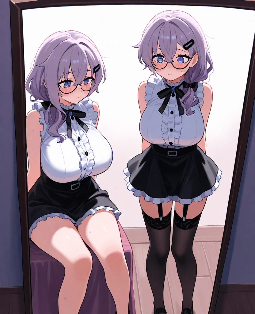 a sexy girl,Shizuku Murasaki, hxh, black hair, short hair ,short-layered black hair with, black glasses, black longsleeve, blue jeans, big eyes, golden cross pendant, spider tattoo on abdomen, big ass, view from behind