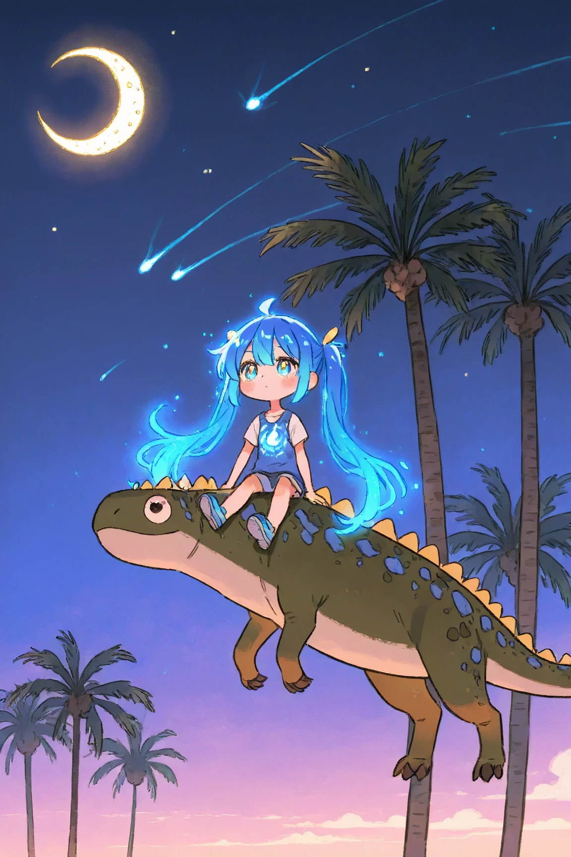  Cartoon Picture of Girl Sitting on Dinosaur's Back 、 palm tree、Blue Glowing Crescent Moon at Night  、 meteor 、  Highly Consistent Stylized Artwork、2d game fanart、Drawn as game concept art、  Background Art  、 Warm Pop Art 