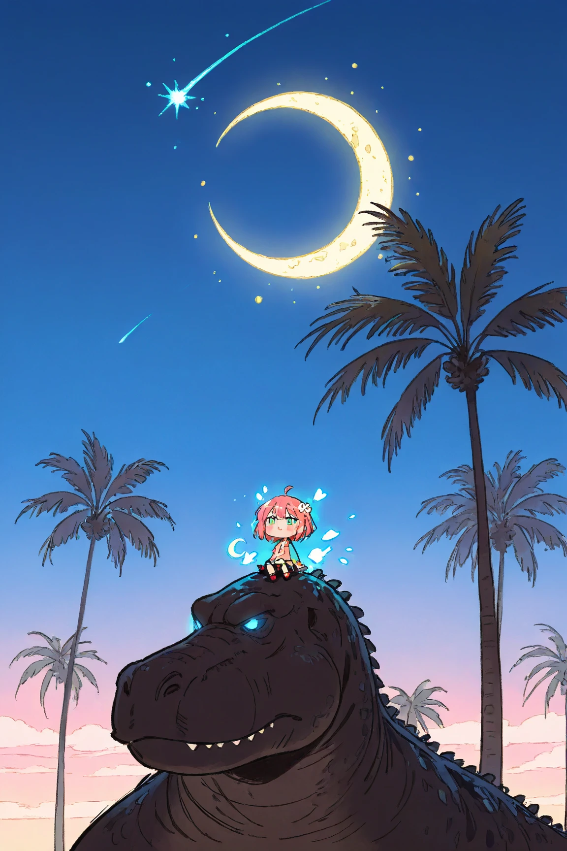  Cartoon Picture of Girl Sitting on Dinosaur's Back 、 palm tree、Blue Glowing Crescent Moon at Night  、 meteor 、  Highly Consistent Stylized Artwork、2d game fanart、Drawn as game concept art、  Background Art  、 Warm Pop Art 