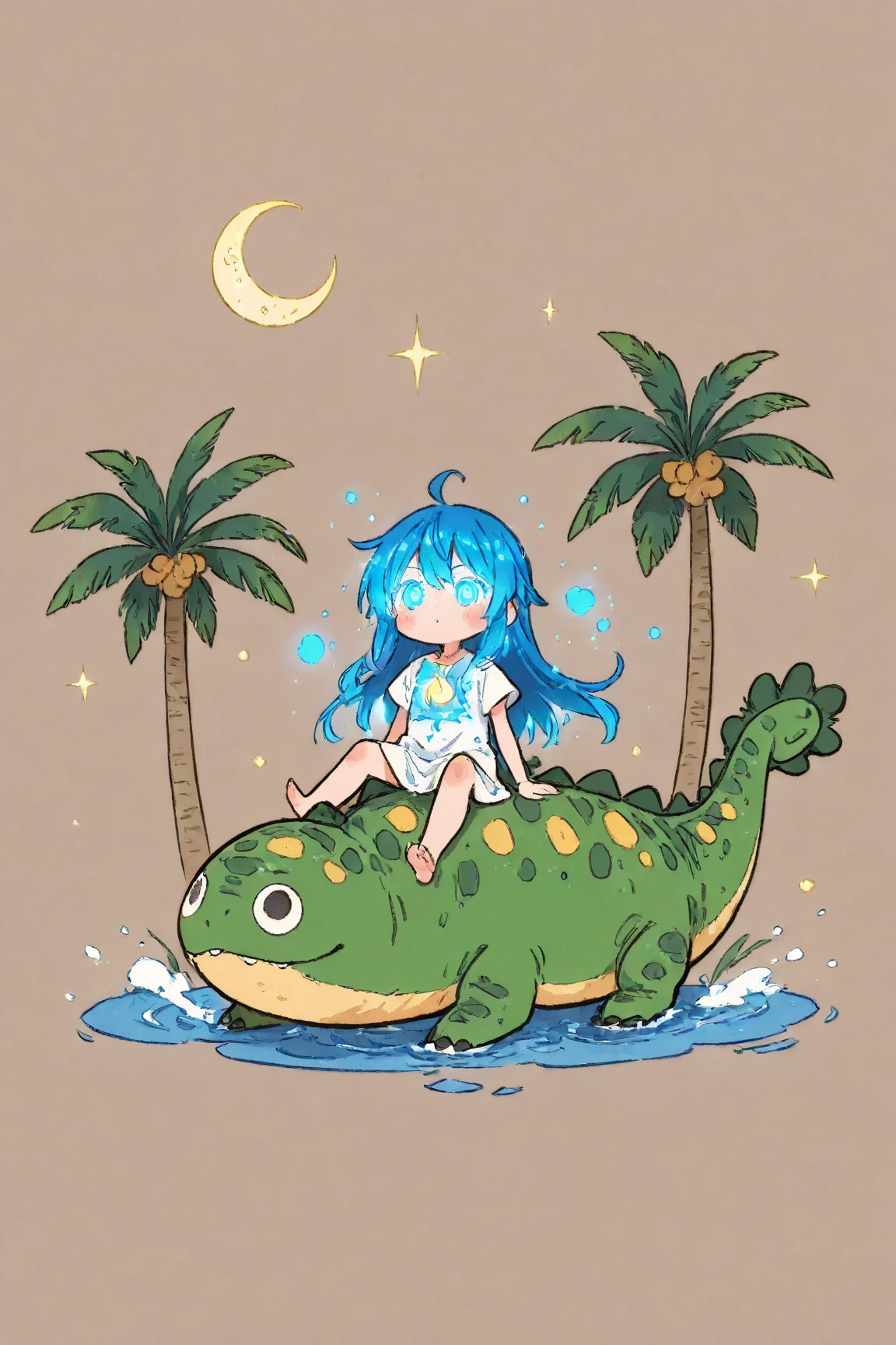  Cartoon Picture of Girl Sitting on Dinosaur's Back 、 palm tree、Blue Glowing Crescent Moon at Night  、 meteor 、  Highly Consistent Stylized Artwork、2d game fanart、Drawn as game concept art、  Background Art  、 Warm Pop Art 