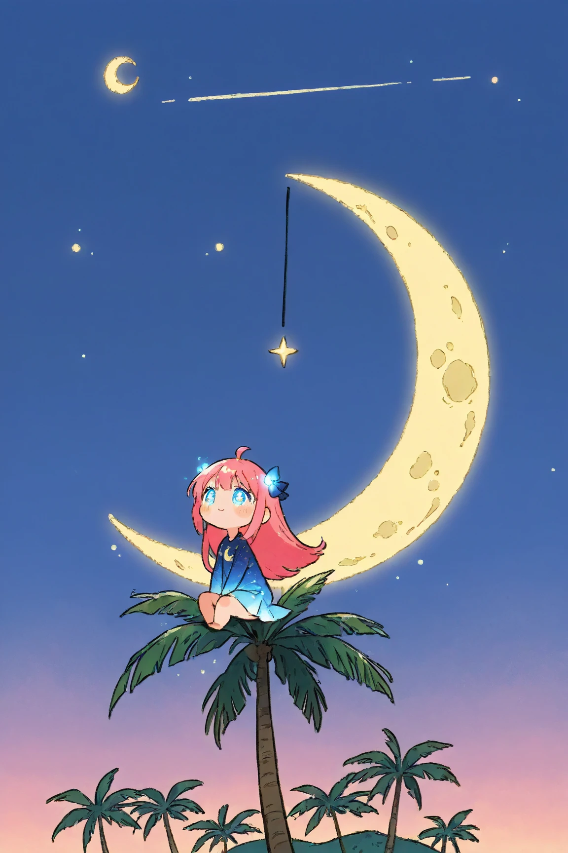  Cartoon Picture of Girl Sitting on Dinosaur's Back 、 palm tree、Blue Glowing Crescent Moon at Night  、 meteor 、  Highly Consistent Stylized Artwork、2d game fanart、Drawn as game concept art、  Background Art  、 Warm Pop Art 