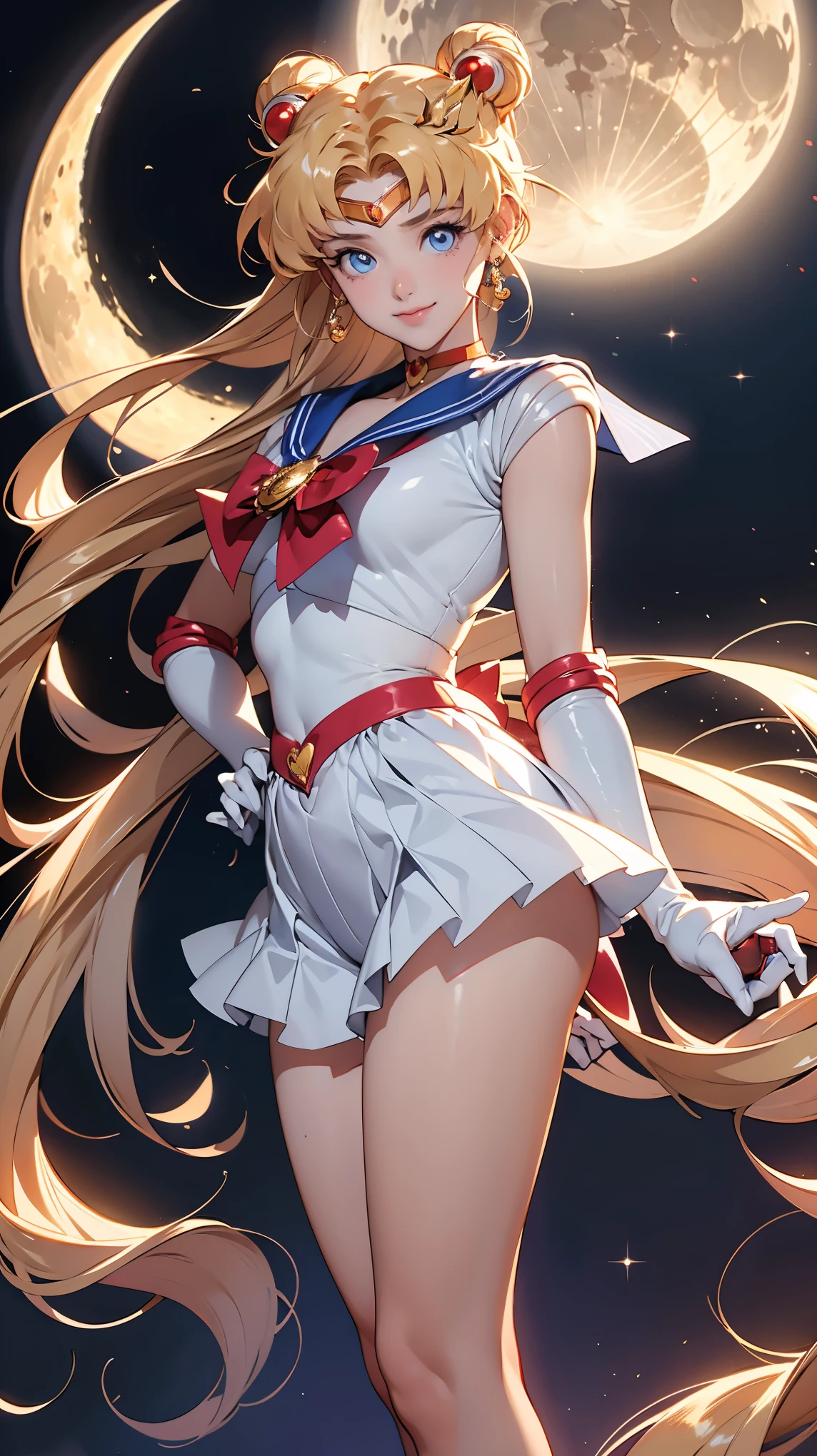 Sailor Moon, 1 girl, blue eyes, Long Golden Hair, sailor suit , Moon Headdress , Holding a Moon Stick ,Moon prism power、 stand with hands on hips 、The city and the full moon, Confident Smile .