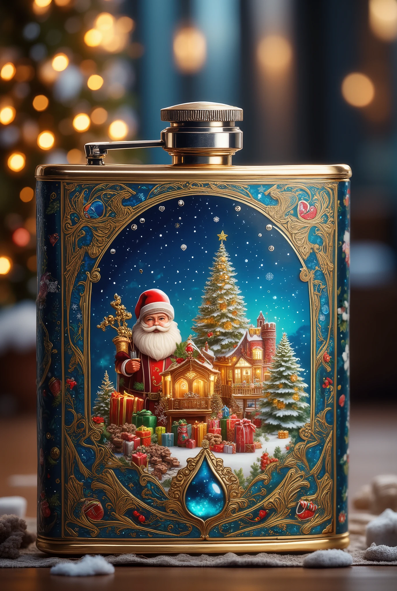 A beautiful flask with patterns in the form of a Christmas toy, which depicts Santa Claus with gifts and snow,  masterpiece fails,  complex details , bright colors,  maximum quality , 8 k,