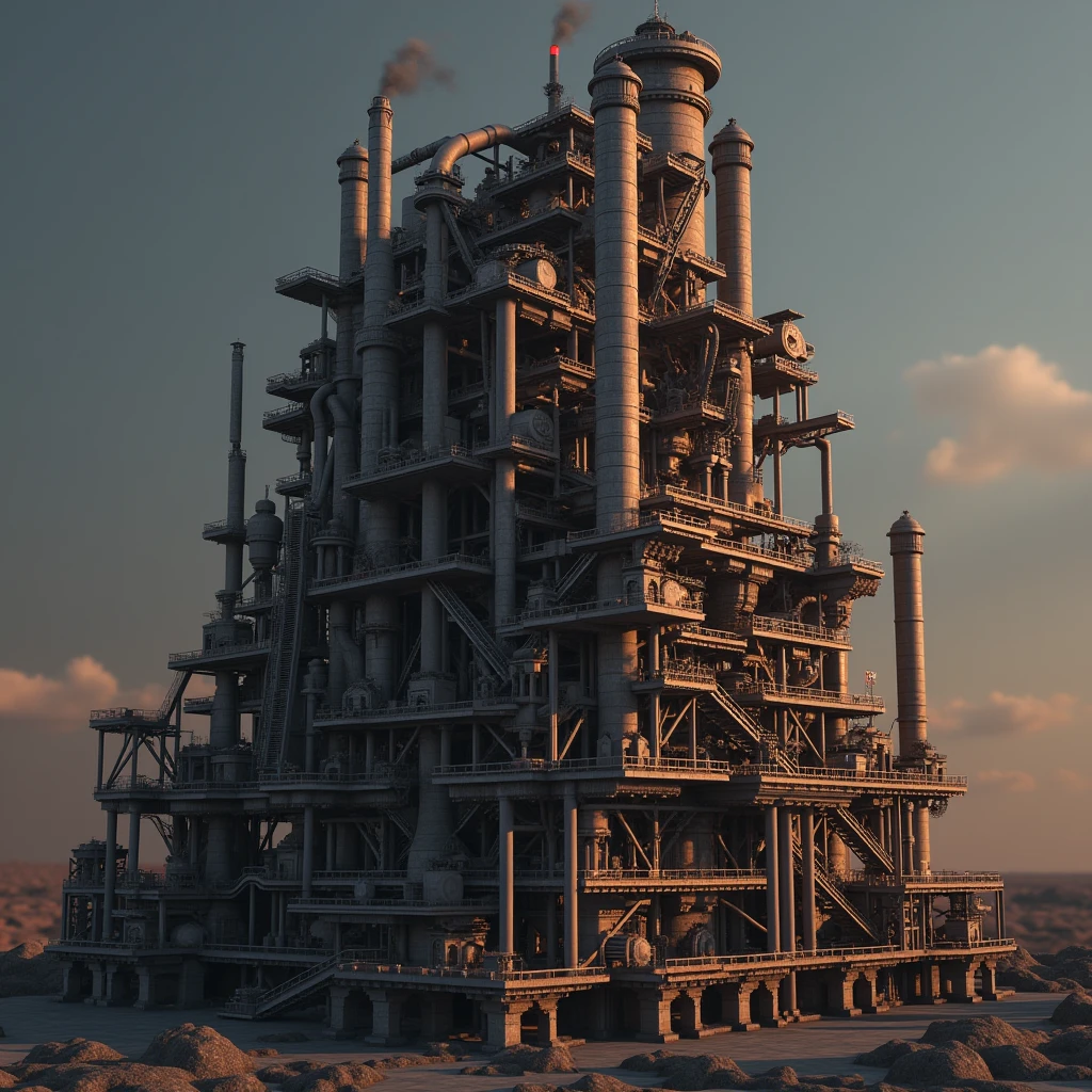 a detailed photorealistic 3D render of a Minecraft industrial icon, high quality, highly detailed, octane render, intricate gears and machinery, copper pipes, conveyor belts, smoke stacks, industrial textures, complex architecture, detailed lighting, cinematic angle, dramatic shadows, warm color tones