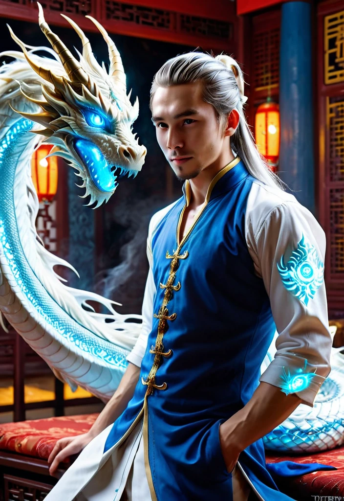 graphic digital technology, magician of a magical dragon, cartoon anime, white long hair gathered in a ponytail at the back of the head, magician, dragon, openwork energy around, luminous flows, beautiful lines of energy flows, clothes on the magician are blue, beautiful silver-golden colors, handsome guy the magician is in a beautiful Chinese room, there are beautiful glowing energy dragons around the guy. botanik, high quality fantasy