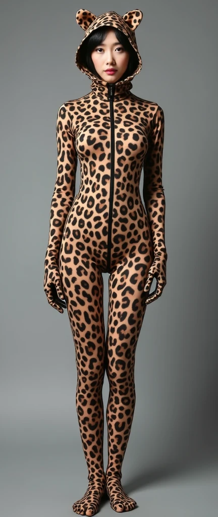 (Emma Watson) in a leopard costume is standing on a white surface, full body art, fullbody painting, full body painting, full - body art, body paint, fullbody art, professional body paint, bodypaint, wearing animal skin clothing, bodypainting, highly detailed full-body art, tight full body suit, body painted with black fluid, skintight suits