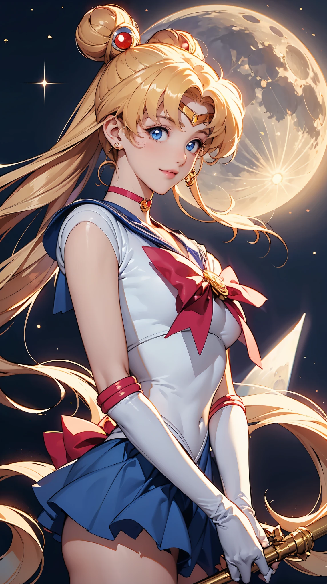 Sailor Moon, 1 girl, blue eyes, Long Golden Hair, sailor suit , Moon Headdress , Holding a Moon Stick ,Moon prism power、 The city and the full moon, Confident Smile .Raise your hands to the sky and face the sky、
