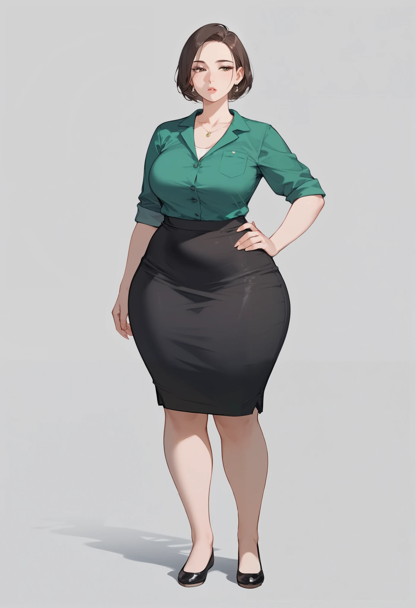 (score_9,score_8_up,score_7_up), short legs, 1lady, mature female, adult woman, 60 years old, very short hair, exposed forehead, hair away from forehead, brown hair, big forehead, long bob hairstyle, green button up casual blouse, short sleeved blouse, tight long pencil skirt, very long skirt, long black pencil skirt, half lidded eyes, hand on hip, blank expression, pale, thick thighs, ballerina flats shoes, black footwear, wide hips, standing upright, full body shown, thick legs, massive thighs, older woman,voluptuous, hourglass bodyfigure, facing forward, detailed face, staring, long fingernails, natural nails