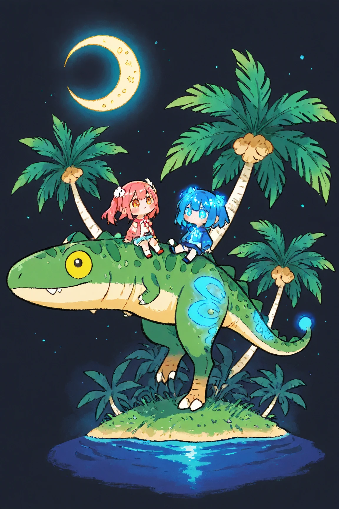  Cartoon Picture of Girl Sitting on Dinosaur's Back 、 palm tree、Blue Glowing Crescent Moon at Night  、 meteor 、  Highly Consistent Stylized Artwork、2d game fanart、Drawn as game concept art、  Background Art  、 Warm Pop Art 