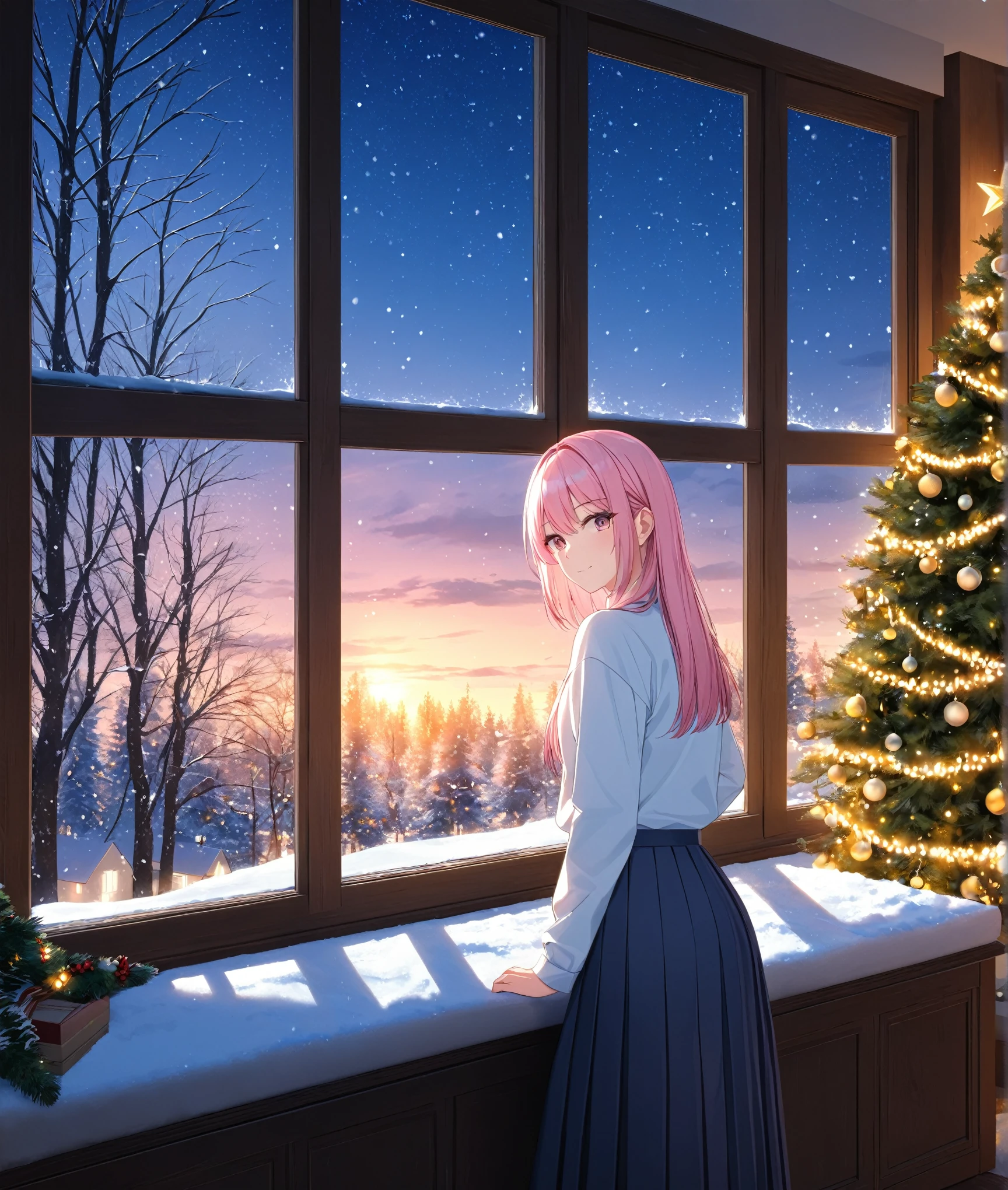 1girl, solo, Pink Shine Bright Hair, hair between eyes, Long hair, loose hair, aesthetic detailed eyes, (Pink shiny Bright Eyes), bright pink eyes, (pale cheeks), (skin colored cheeks), Mesmerise, Little smile, closed mouth, (half body, cowboy shot), BREAK
(white shirt, dark blue knee-length skirt, long skirt), BREAK
(indoors, standing near the window, snowing outside, Christmas eve,winter, evening, lights), BREAK
HDR, 8K, masterpiece, best quality, amazing quality, very aesthetic, high resolution, ultra-detailed, absurdres, newest, scenery,
masterpiece, scenery, aesthetic detailed background, best quality, game cg aesthetics, sharp focus, sharp details, beautiful detailed eyes, detailed skin, detailed hair, light particles, photo background, depth of field,
(masterpiece), best quality, ultra-detailed, 1024k UHD wallpaper, ultra-high resolution, depth of field, HDR, Ray tracing, RTX, high saturation, photon mapping, best texture quality, best compotitions, (extremely detailed CG 1024k wallpaper), High Details, Detailed face, Detailed Clothes, Ultra HD Photo, Perfect Face, expressive eyes, pale cheeks