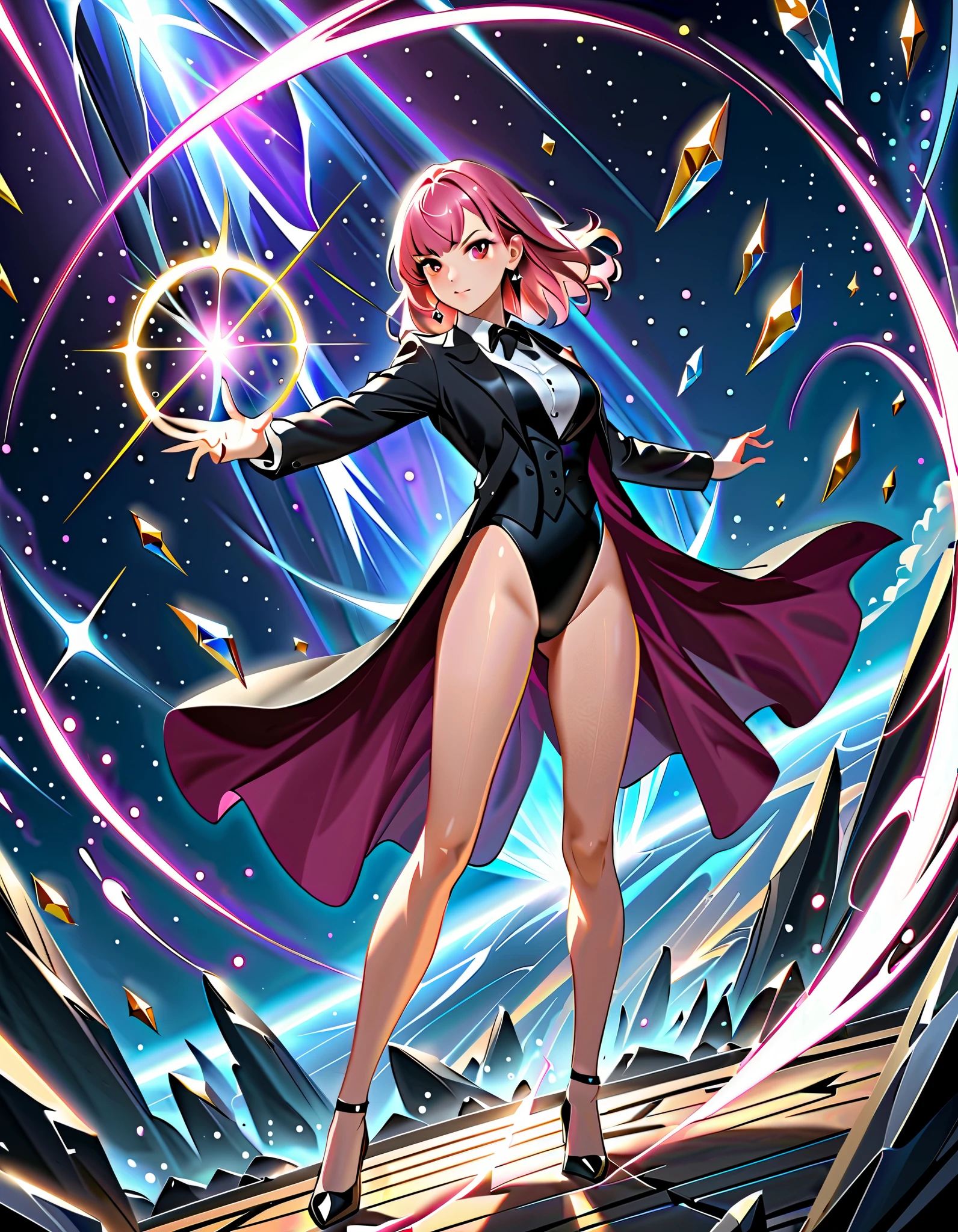 Masterpiece, best quality, high resolution, 8k, 1female, pink hair, medium hair, bangs, crystal earrings, red eyes, site collared shirt, black vest, high leg, black leotard, bare legs, black high heels, black tuxedo, magician, casting a spell, standing battle stance, spellcasting, magic, space backdrop, diffraction spikes, light particles, Dutch angle.