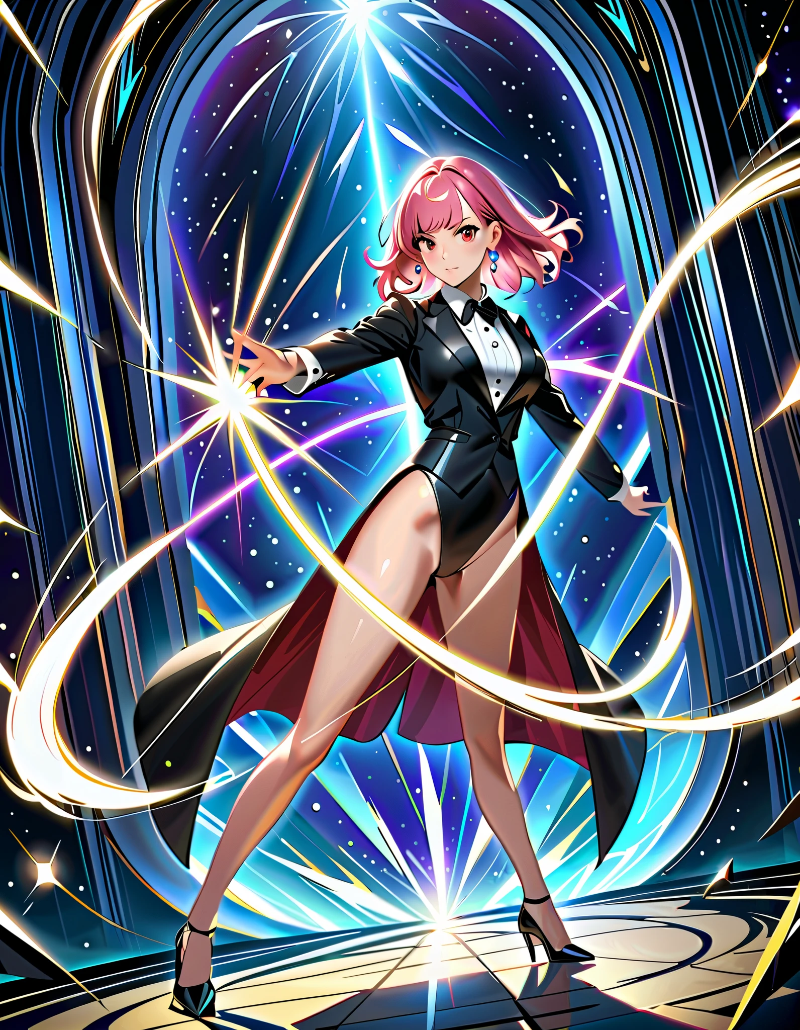 Masterpiece, best quality, high resolution, 8k, 1female, pink hair, medium hair, bangs, crystal earrings, red eyes, site collared shirt, black vest, high leg, black leotard, bare legs, black high heels, black tuxedo, magician, casting a spell, standing battle stance, spellcasting, magic, space backdrop, diffraction spikes, light particles, Dutch angle, fix hands.