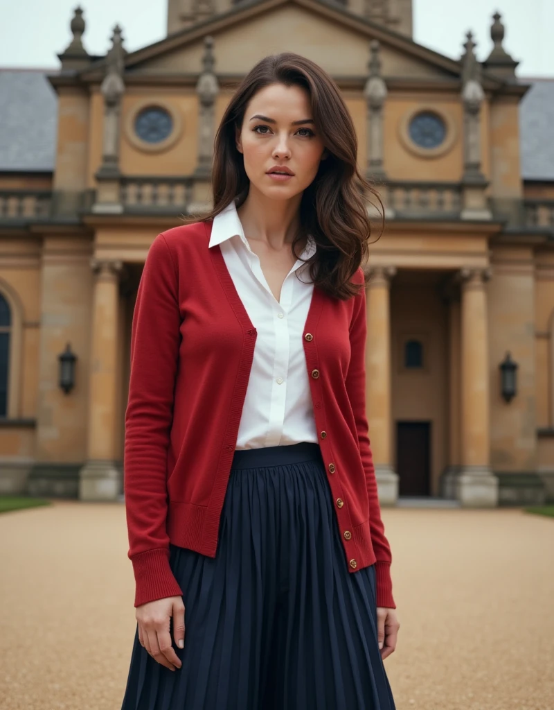 Front view, French Girl,　French actress Lucy , cinema  of actress of The Da Vinci Code ,lost symbol is Temple knight's  holy grail, 30-age (brown hair, white shirt, red cardigan, dark blue gather middle skirt, brown low heal), front  England temple church, noon  (photographic, super high definition , retina, masterpiece,  anatomically correct, Accurate, textured skin,  super detailed,   High Details,  High Quality ,  High Quality ,  high definition , 8k)
