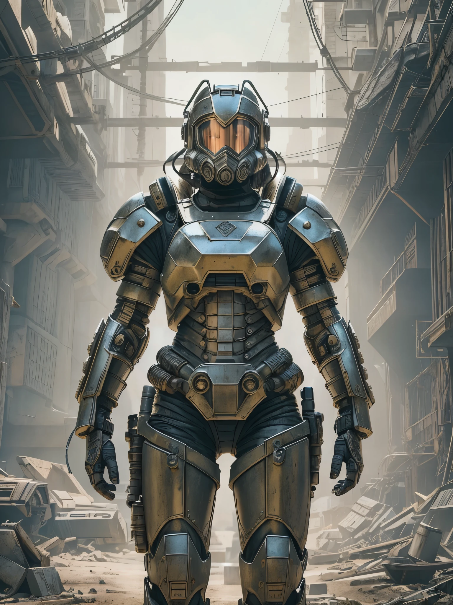 A post-apocalyptic girl with a hard, determined expression, viewed from the back, showcasing her detailed power armor in a cinematic style. The power armor features a rugged and futuristic design, with an exposed engine on the back surrounded by hydraulic systems for enhanced power and high-speed movement. The armor is reinforced with industrial-grade metal plating, with glowing vents and intricate mechanical details. The scene is isolated on a clean white background, highlighting the armor’s intricate craftsmanship and the character’s imposing silhouette. The lighting is dramatic and cinematic, emphasizing the texture of the armor and the wear-and-tear from the harsh post-apocalyptic environment. This image is designed for a magazine cover, exuding a sense of strength, resilience, and advanced technology.