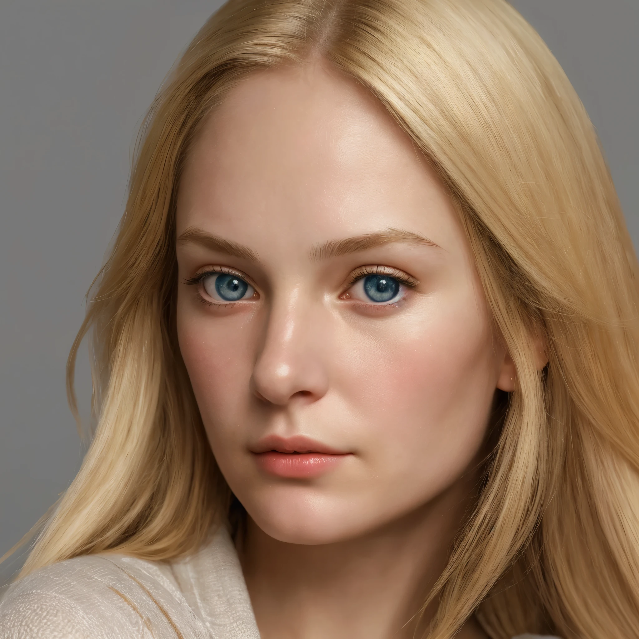 (the most realistic style, as close as possible to real life ) Create a portrait of a girl with an Old Russian appearance in modern realities.  she has blond hair ,  blue eyes ,  soft facial features and a noble gaze .  Her skin is ultra detailed , with texture,  reflecting the natural shine and the smallest pores .  She is depicted on a neutral background , being in the center of the composition ,  with light elements of modern accessories or clothing ,  background that blend harmoniously with her traditional appearance . The portrait is made of high quality (4K),  with a focus on facial details and eye expression.
 