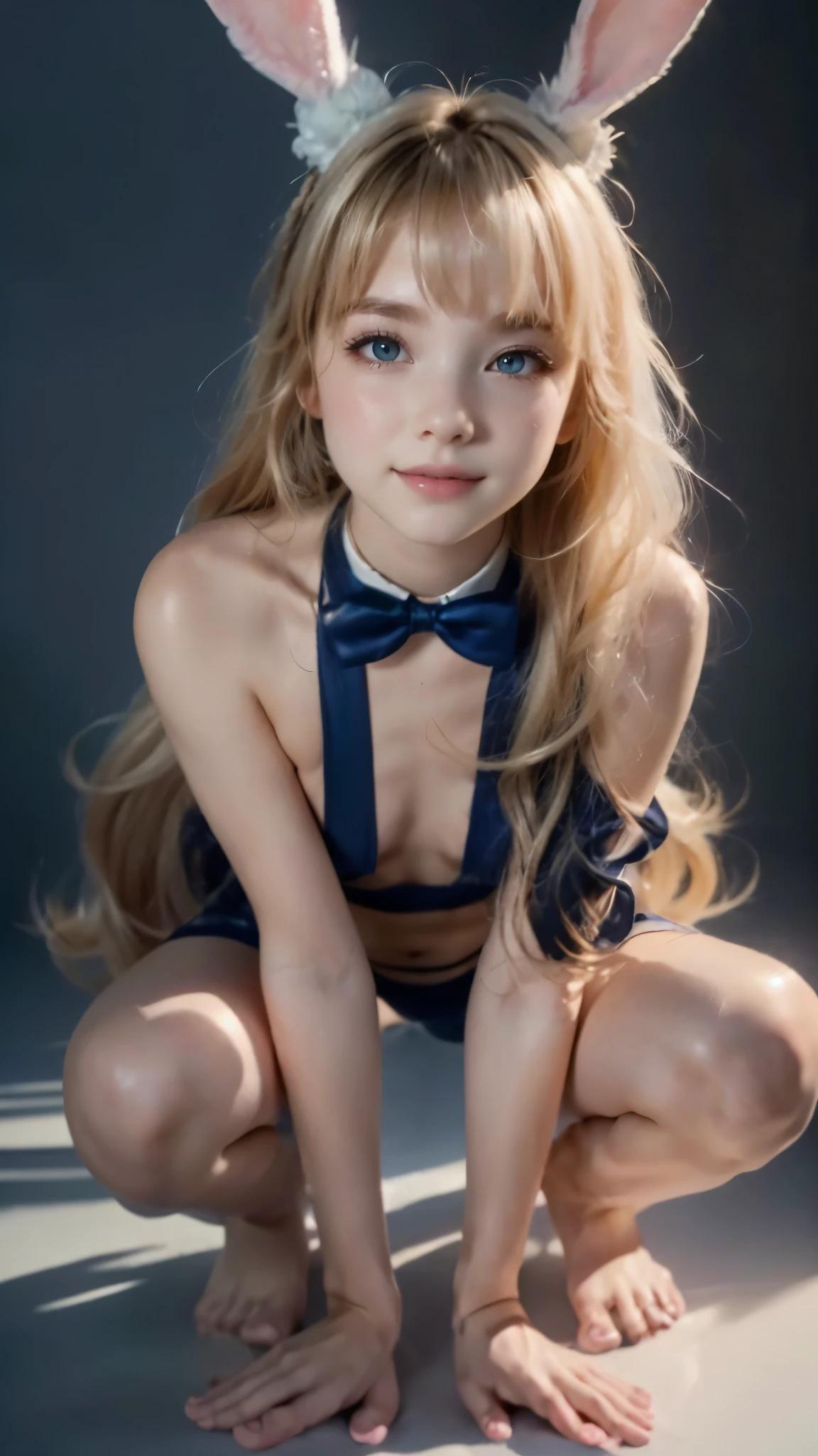  masterpiece ,  Better quality,  CG Unity 8k wallpaper, ( close-up of the upper body and head of a beautiful person ), ,, (Mckenna Grace), (flat chest,thighs), (Cyan red) golden (shiny tutu, long rabbit ears , ,  Bow Tie , No panties, visible genitals), ( spread her legs ), (Blush), oily skin, ( seductive smile), (Wonderful),   pretty face, arte-chave, award winning clip ,  intricate detail realism HDR, by ( ruan jia and artgerm and range murata ),  photorealism , hyperrealism,  ultra realistic , dramatic light, , stunning view,  depth of field , 
([long hair hair]:1.8), (full body:1.8), (upper body up:0.3), (hyper realistic:1.4), (realistic:1.3), (best quality real texture skin), Detailed eyes, detailed face, PERSEPHONE, persephone, (SFW:1.5) Hyperrealistic, LESS saggy breasts, (SMALL BREASTS:1.5), (HUGE LEGS:1.5), (LESS THIGHS:1.5),  perfect legs ,  perfect legs , pernas added, pernas added e perfeitas,  shapely legs, thighs torneadas, pernas added, thighs lisas. ( erotic pose :1.5), ( thick eyebrows :1.2), (big purple eyes:1.2), ( ultra-detailed eyes :1.4), ( High-resolution eyes :1.1), ( ultra detailed skin texture:1.4), (Beautiful toned body:1.1),  cameltoe

 
