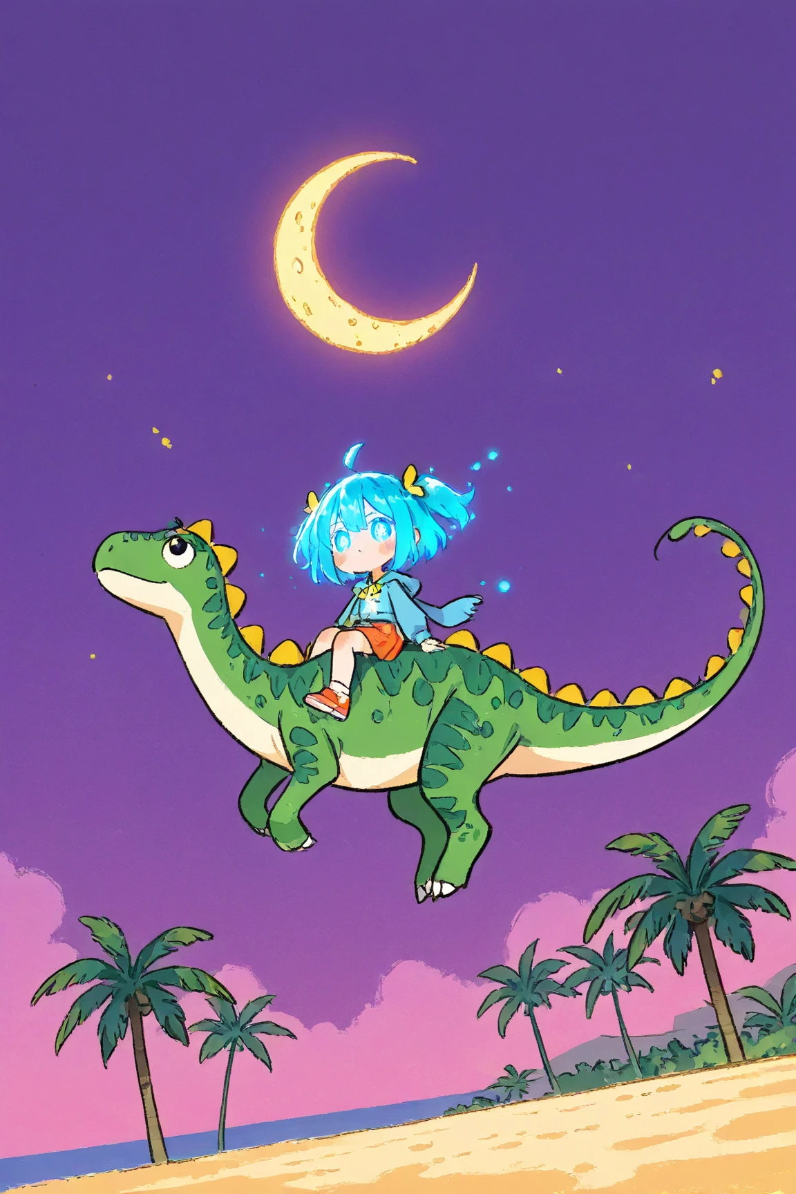  Cartoon Picture of Girl Sitting on Dinosaur's Back 、 palm tree、Blue Glowing Crescent Moon at Night  、 meteor 、  Highly Consistent Stylized Artwork、2d game fanart、Drawn as game concept art、  Background Art  、 Warm Pop Art 