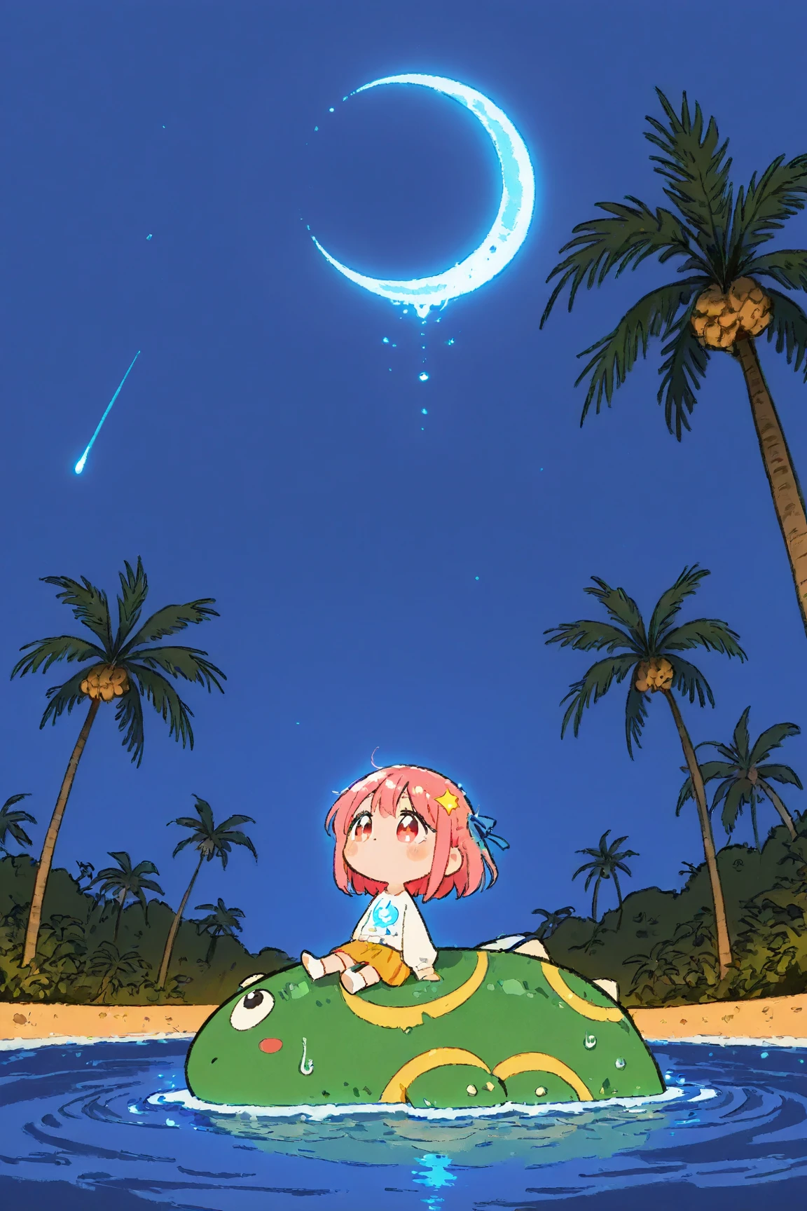  Cartoon Picture of Girl Sitting on Dinosaur's Back 、 palm tree、Blue Glowing Crescent Moon at Night  、 meteor 、  Highly Consistent Stylized Artwork、2d game fanart、Drawn as game concept art、  Background Art  、 Warm Pop Art 