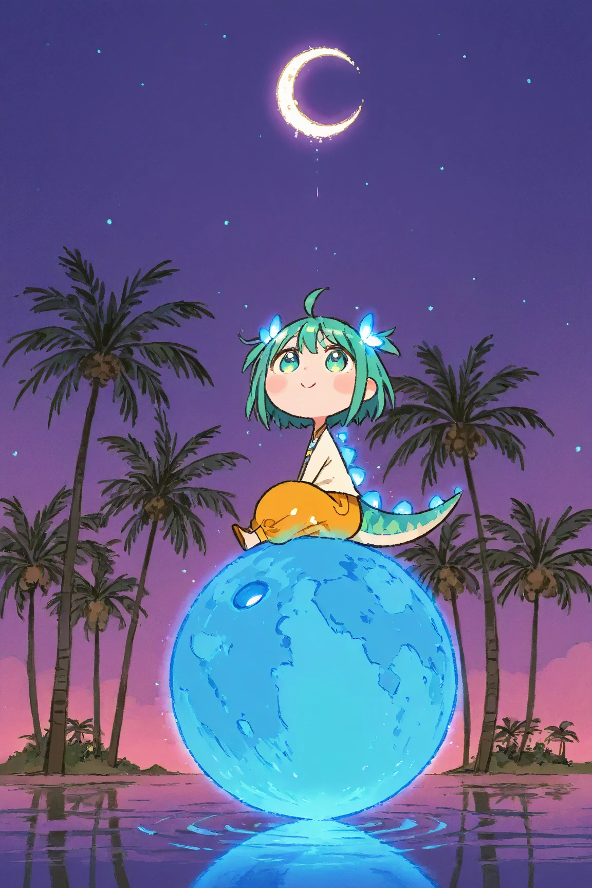  Cartoon Picture of Girl Sitting on Dinosaur's Back 、 palm tree、Blue Glowing Crescent Moon at Night  、 meteor 、  Highly Consistent Stylized Artwork、2d game fanart、Drawn as game concept art、  Background Art  、 Warm Pop Art 