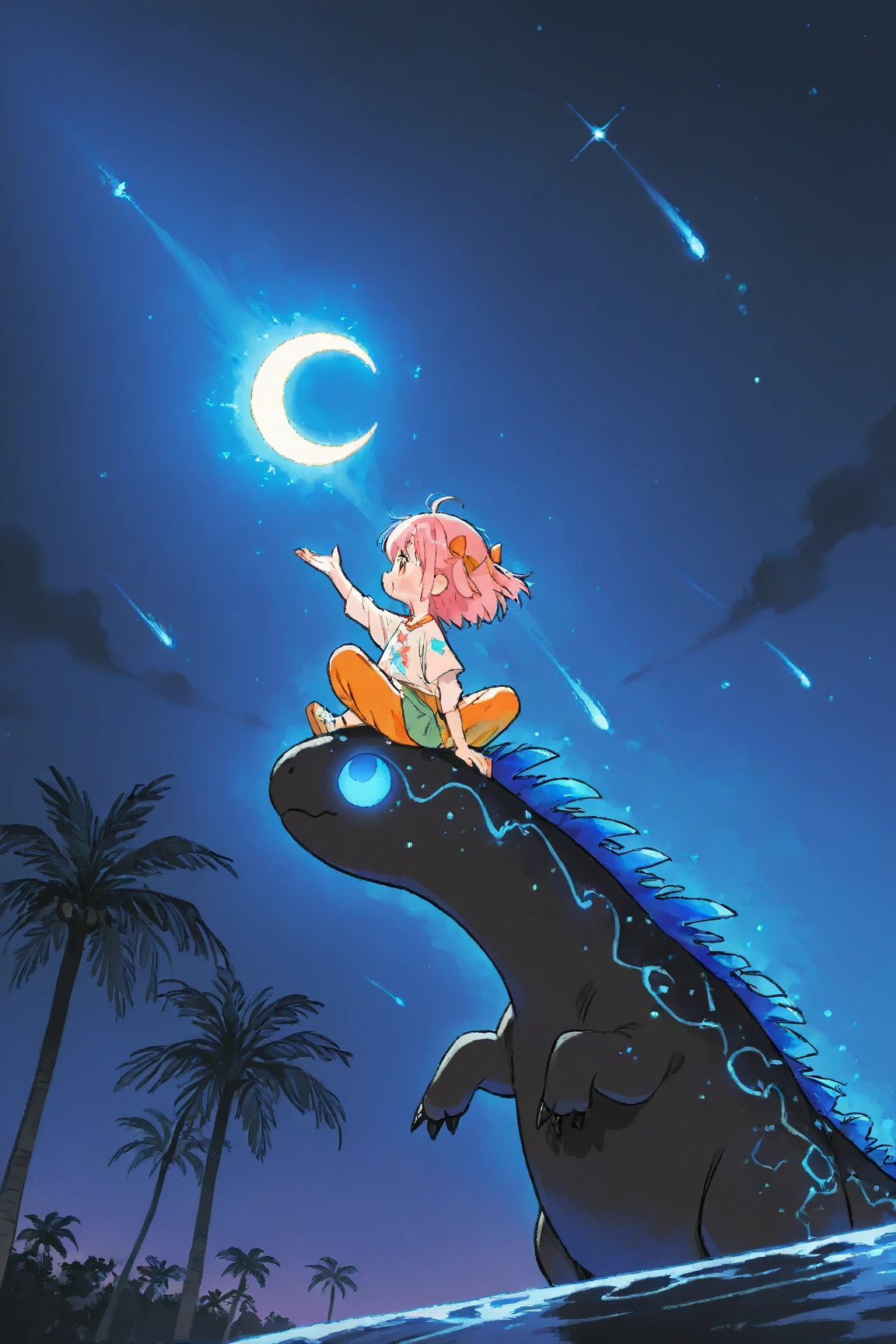  Cartoon Picture of Girl Sitting on Dinosaur's Back 、 palm tree、Blue Glowing Crescent Moon at Night  、 meteor 、  Highly Consistent Stylized Artwork、2d game fanart、Drawn as game concept art、  Background Art  、 Warm Pop Art 