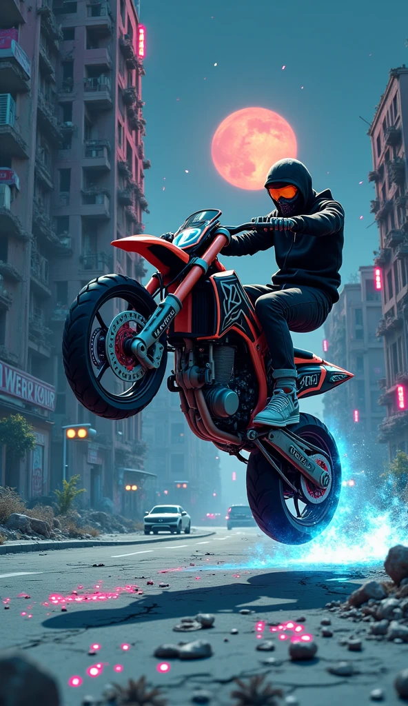 A vibrant and highly detailed digital art illustration capturing a motorbike rider performing a daring and energetic stunt on a road in a post-apocalyptic urban environment. The rider is depicted wearing sleek, stylish urban clothing, including a black hoodie, a matching cap, and modern sneakers. The motorbike, a futuristic yet rugged design, glows with neon accents and emits a trail of vibrant light, emphasizing the high-speed motion. The rider is mid-air, the motorbike tilted in a dramatic stunt, with glowing neon effects illuminating their figure and the vehicle.
The environment blends the remnants of a futuristic city with nature reclaiming its space. The road is cracked and weathered, lined with scattered debris and overgrown vegetation creeping onto the asphalt. Towering buildings, partially collapsed, are adorned with graffiti and glowing, intricate spray paint designs that add vibrant color to the decaying structures. Street elements like broken traffic lights, neon signs, and scattered vehicles further set the urban scene.
Above, the sky is filled with dramatic anime-inspired cloud formations in a palette of glowing pinks, deep purples, and radiant golden oranges, casting a surreal light over the scene. The lighting is dynamic and saturated, with the neon accents from the motorbike reflecting off nearby surfaces and casting a futuristic glow. Small, glowing particles float around, enhancing the stylized, cartoon-like aesthetic while adding depth and energy to the composition. This immersive scene captures the perfect blend of motion, energy, and the electric vibrancy of a post-apocalyptic cityscape.