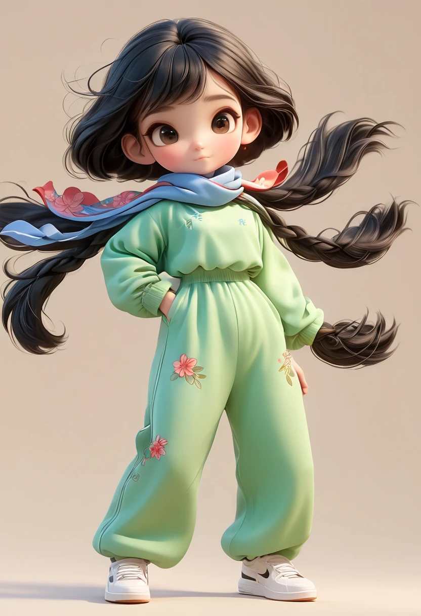 3d，1. ，scarf，Unique，Black Hair，Chinese，Jumpsuit，floral shirt， cartoon style ， solid color background，