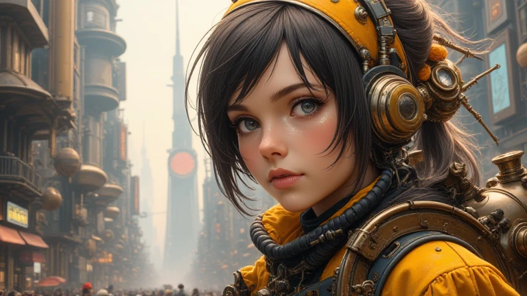 ( best illustrations:1.2), ( masterpiece:1.2 ), (  super detailed), 8k, 16k,  wallpaper,(  steampunk:2.0) ,Female Explorer, sci-fi  ,  graphic novel  ,  retrofuture,  avant-garde ,Steam engine,mechanical