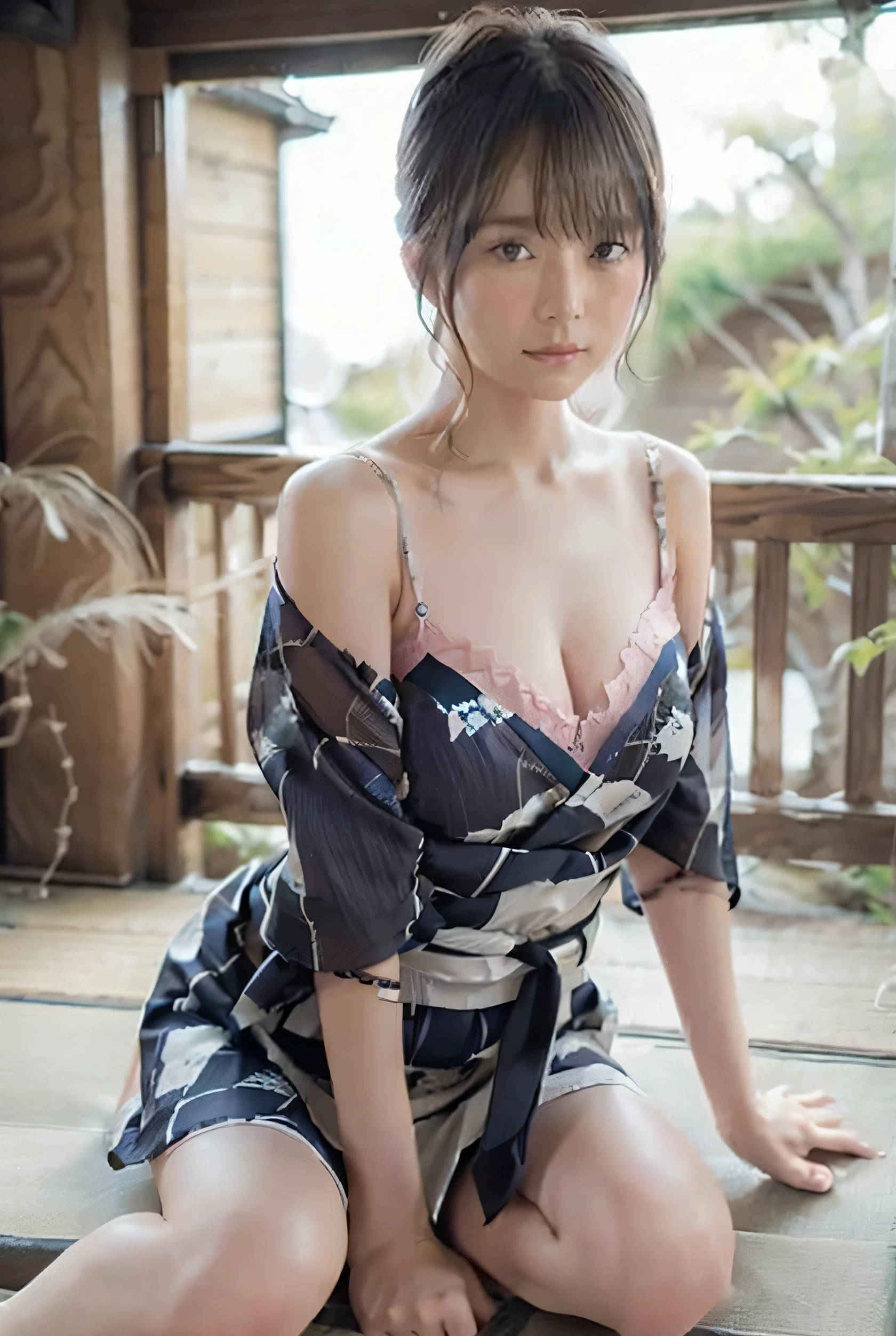 Asian woman Arav in a floral dress resting on the railing, beautiful Asian girl, Japanese model, in kimono, Japanese goddess, The most beautiful Chinese model, in kimono, beautiful asian woman, Ravier, the dazzling young idol, Wear a kimono, Japanese woman, traditional beauty, elegant Japanese woman, young Asian girl, Chinese girl, Wear a kimono, Asian girl