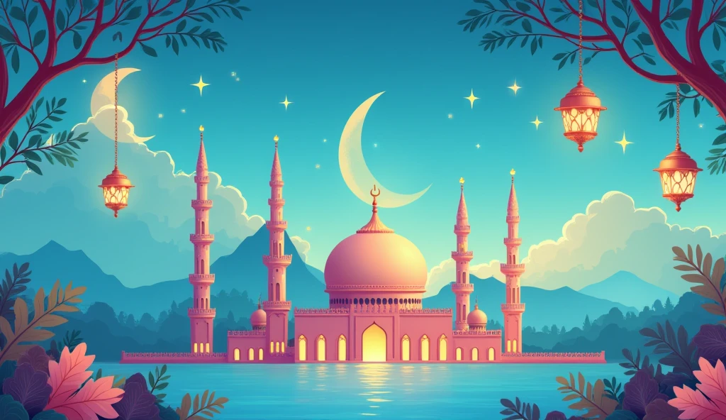 Make a book cover.
- blue and white mosque with a palm tree and some designs
- put some lanterns
- include sky with moon and stars in day time
- include hijabi girls and boys near mosque
- make picture very colorful
- make picture cartoon style