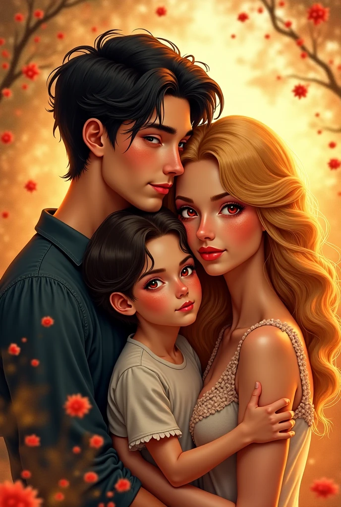 (best qualityer)), ((work of art)), (detailded), a woman with strawberry blonde hair and amber eyes wearing a beautiful, elegant and comfortable dress with her son with green eyes and strawberry blonde hair and her daughter with short wavy black hair and an extremely handsome man with a defined body, green eyes, short wavy black hair with a little baby girl on his lap, just like her father 