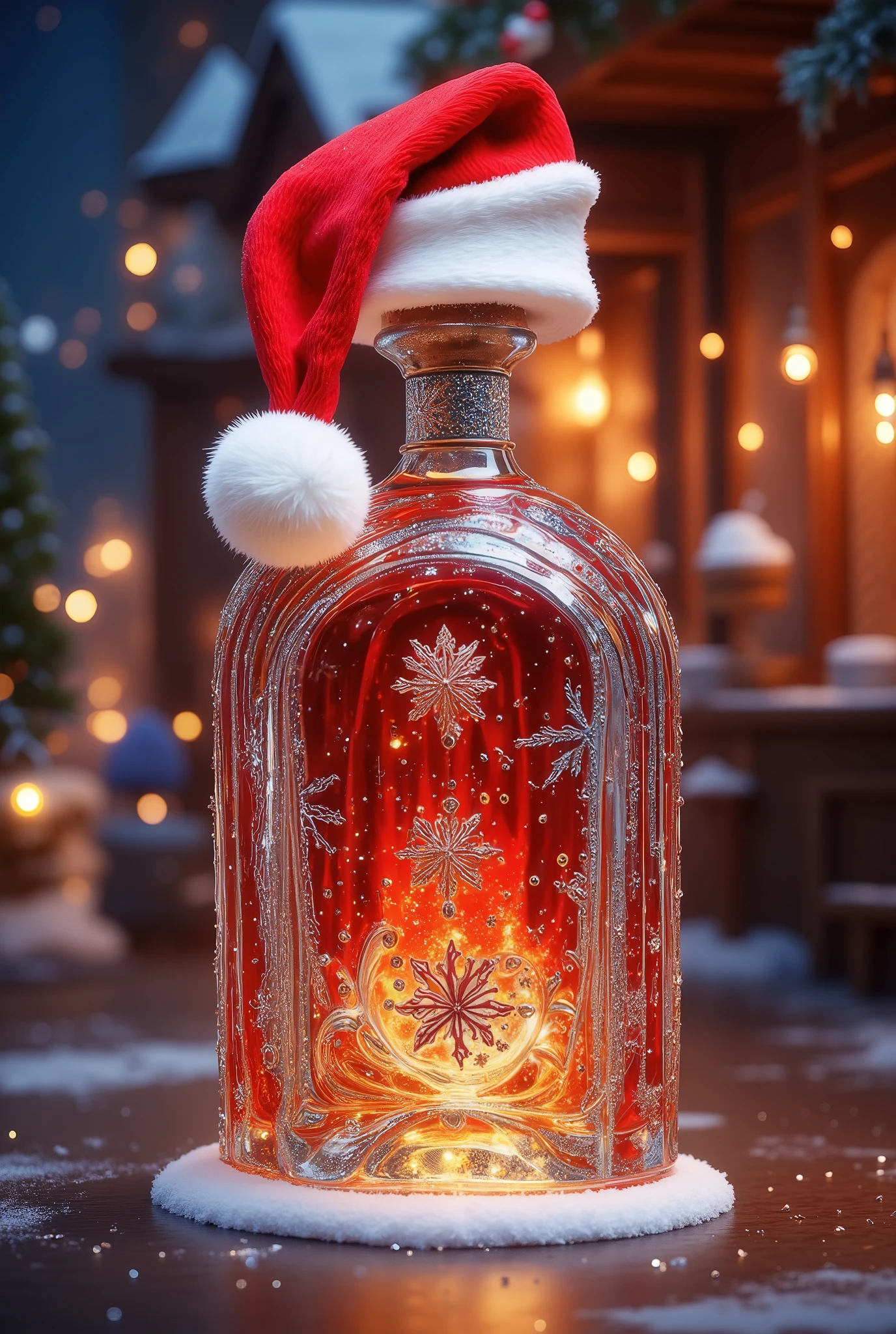 A beautiful Christmas toy in the form of a Bottle of Wine with a Christmas hat instead of a cork made of glass with snowflakes and silver sparkles,  masterpiece fails, 8 k,  maximum detail ,  better quality , 