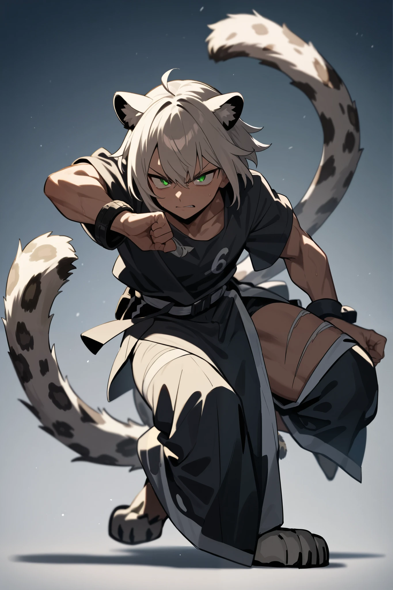 Black Teenager, Leopard Tail, Split Pupils, Full body, Masterpiece, Serious face, Muscular, Male