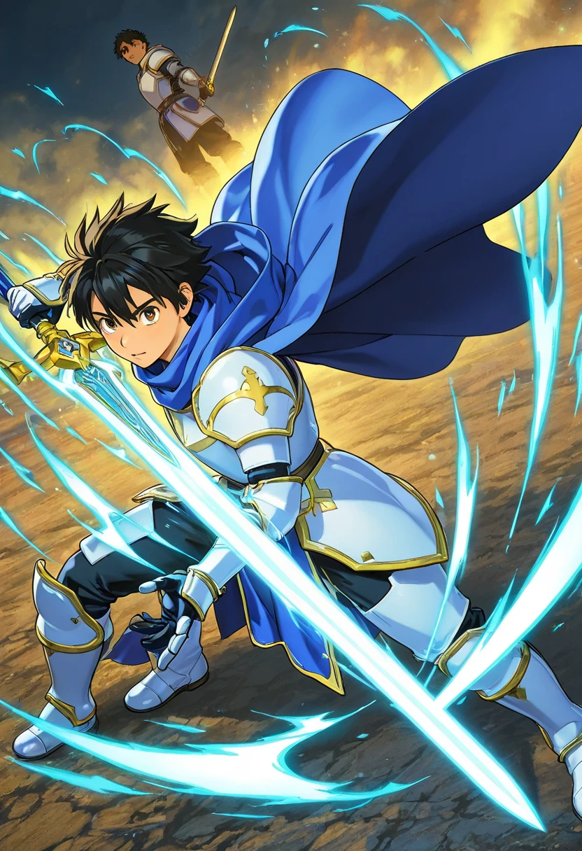 's greatest masterpiece ,  High Quality  , 25-year-old handsome dark-haired young man"Asuka" , Young Hero , Alone , Paladin with majestic white armor and a blue cloak , ( thrusts the sacred sword to the earth ) , Wear a sacred blue aura , Real Digital Art  ,  very detailed , 4ｋ
