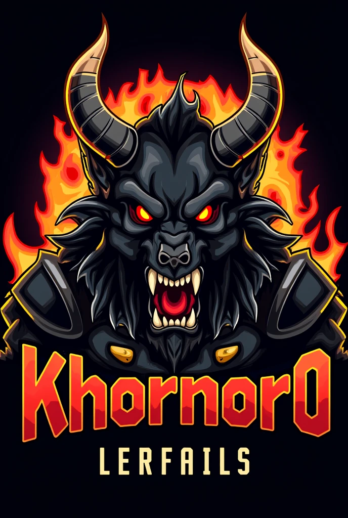 Create a logo in the style of an American Football team for a team named 'KHORNORO' with a strong emphasis on the horned demon werewolf's head. The horned demon werewolf should have a fierce, powerful expression, with black and red armor and glowing eyes effect. The team name 'KHORNORO' should be displayed in bold burning fonts, but the horned werewolf head should be the dominant feature. The color scheme should include black, gold, and dark red to evoke a battlefield feel. The logo should be dynamic, modern, and powerful, suitable for a sports team.  Transparent background 