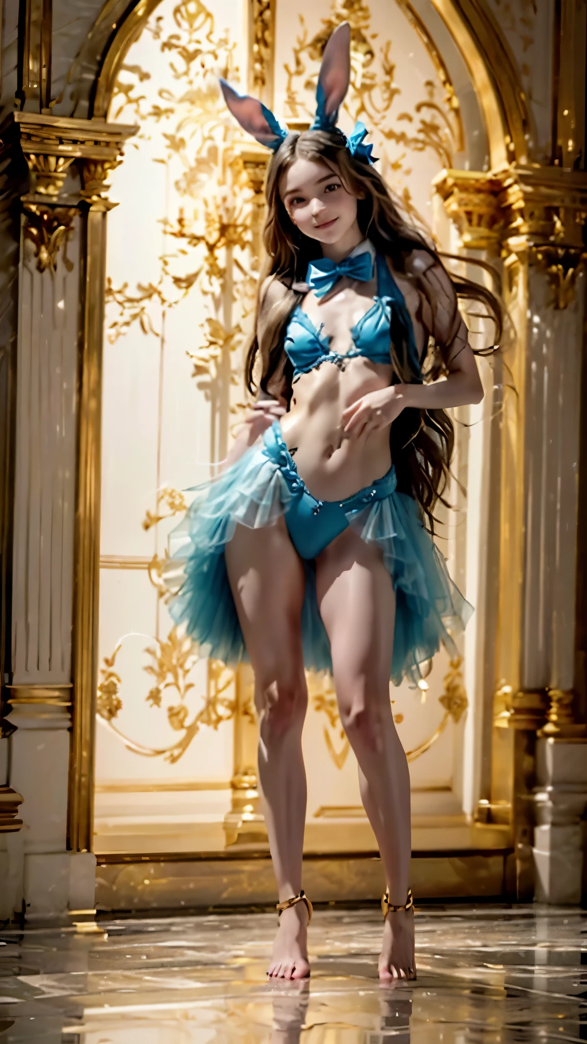  masterpiece ,  Better quality,  CG Unity 8k wallpaper, ( close-up of the upper body and head of a beautiful person ), ,, (Mckenna Grace), (flat chest,thighs), (Cyan red) golden (shiny tutu, long rabbit ears , ,  Bow Tie , No panties, visible genitals), ( spread her legs ), (Blush), oily skin, ( seductive smile), (Wonderful),   pretty face, arte-chave, award winning clip ,  intricate detail realism HDR, by ( ruan jia and artgerm and range murata ),  photorealism , hyperrealism,  ultra realistic , dramatic light, , stunning view,  depth of field , 
([long hair hair]:1.8), (full body:1.8), (upper body up:0.3), (hyper realistic:1.4), (realistic:1.3), (best quality real texture skin), Detailed eyes, detailed face, PERSEPHONE, persephone, (SFW:1.5) Hyperrealistic, LESS saggy breasts, (SMALL BREASTS:1.5), (HUGE LEGS:1.5), (LESS THIGHS:1.5),  perfect legs ,  perfect legs , pernas added, pernas added e perfeitas,  shapely legs, thighs torneadas, pernas added, thighs lisas. ( erotic pose :1.5), ( thick eyebrows :1.2), (big purple eyes:1.2), ( ultra-detailed eyes :1.4), ( High-resolution eyes :1.1), ( ultra detailed skin texture:1.4), (Beautiful toned body:1.1),  cameltoe

 
